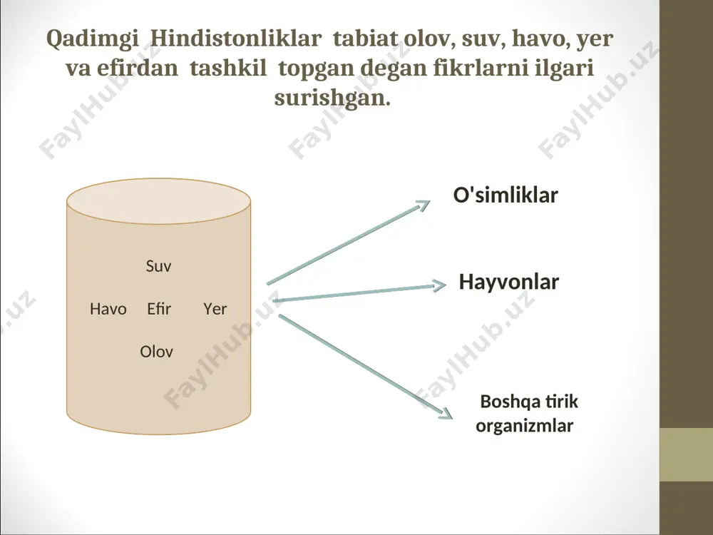 rning faoliyatiga bog`liq, deb faraz qilgan. tog`lar kuchli zilzila, suv esa yerning ko`tarilishi natijasida paydo bo`lgan degan. yerning ba’zi joylari bir vaqtlar dengiz tubi bo`lganligi sababli ko`pgina toshlarda suvda yashaydigan hayvonlarning qoldiqlari, chunonchi, chig`anoqlar uchraydi. ibn sino uzoq davrlar o`tishi bilan yer yuzasi sekin-asta o`zgarishi haqida yozgan. uning qayd etishicha, o`simliklar, hayvonlar va odam, ya’ni barcha tirik organizmlar oziqlanadi, ko`payadi va o`sadi. o`simliklar rivojlanishning quyi bosqichida, hayvonlar o`rta bosqichida, odam esa eng yuqori bosqichida turadi. odam tanasi tuzilishini o`rganish taqiqlangan o`sha davrda, olim odam anatomiyasi bilan yashirincha shug`ullangan. xulosa tabiatning tuzilishi, unda ro’y beradigan voqea-hodisalar haqida tushunchalar eramizdan bir necha ming yil avval paydo bo’la boshlagan va tabiat, undagi haqidagi tasavvurlar, tushunchalar, bilimlar 3000-4000 yillar mobaynida asta – sekin to’plana borgan. tabiat, undagi o’simliklar, hayvonlar tuzilishi, ularda ro’y beradigan o’zgarishlar haqidagi bilimlarning to’plana borishida o’rta asrlarda yashagan markaziy osiyo olimlarining faoliyati benihoyatda katta bo’lgan. qadimgi zamon mutafakkirlarining ta’limotlarida evolutsion tushunchalarning …