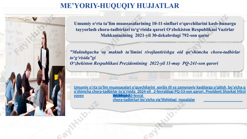 ko‘nikmalariga ega bo‘lgan shaxsni tarbiyalash hamda ularning qiziqish va qobiliyatlaridan kelib chiqib kasb-hunar tanlashda ko‘maklashish. o‘quvchilarni zamonaviy kasblarga yo‘naltirish va o‘qitish orqali, ularni katta hayotga tayyorlash. kasb o‘rganish orqali o‘quvchilarni ish bilan ta’minlash va o‘zini o‘zi band qilish. kelajakda munosib kasb egasi bo‘lishiga ko‘maklashish; : kasb bo‘yicha ijodiy fikrlaydigan,tashkilotchilik, tadbirkorlik ko‘nikmalarini shakllantirish o‘quvchilarni kasbga bo‘lgan qiziqishlarini orttirish, kasblar lug’ati bilan tanishtirish kerak va o'zi qiziqqan kasbga yo‘naltirish kerak vatanparvarlik ruhida tarbiyalash va egallayotgan kasbi orqali ona vatan taraqqiyotiga hissa qo‘shish oliy baxt ekanligini anglash kasb o‘rganishni afzalligi natijasida, hayotda muvaffaqiyatli bo‘lishi. amaliy topshiriqning vazifasi o‘quvchilar va ularning ota-onalaridan so‘rovnomalar o‘tkazish kasb.maktab.uz va profnavigator.uz elektron platformalarida testlar majmuasi orqali o‘quvchilar o‘zining qaysi kasbga qobiliyatli ekanini aniqlash o‘quvchilarning kasb-hunar haqidagi tasavvurini kengaytirish kasb egalarining mehnat faoliyati bilan yaqindan tanishtirish turli uchrashuv va sayyor mashg‘ulotlar tashkil etish va sohalar haqidagi tasavvurini boyitib borishini ta’minlash. kasbga sadoqat, mehr muhabbatini uyg ‘ota olish muammo yuzasidan …