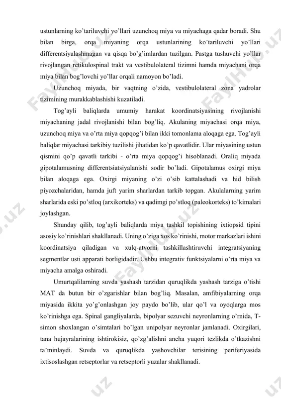 harlardan tarkib topgan. akulalarning yarim sharlarida eski po’stloq (arxikorteks) va qadimgi po’stloq (paleokorteks) to’kimalari joylashgan. shunday qilib, tog’ayli baliqlarda miya tashkil topishining ixtiopsid tipini asosiy ko’rinishlari shakllanadi. uning o’ziga xos ko’rinishi, motor markazlari ishini koordinatsiya qiladigan va xulq-atvorni tashkillashtiruvchi integratsiyaning segmentlar usti apparati borligidadir. ushbu integrativ funktsiyalarni o’rta miya va miyacha amalga oshiradi. umurtqalilarning suvda yashash tarzidan quruqlikda yashash tarziga o’tishi mat da butun bir o’zgarishlar bilan bog’liq. masalan, amfibiyalarning orqa miyasida ikkita yo’g’onlashgan joy paydo bo’lib, ular qo’l va oyoqlarga mos ko’rinishga ega. spinal gangliyalarda, bipolyar sezuvchi neyronlarning o’rnida, t-simon shoxlangan o’simtalari bo’lgan unipolyar neyronlar jamlanadi. oxirgilari, tana hujayralarining ishtirokisiz, qo’zg’alishni ancha yuqori tezlikda o’tkazishni ta’minlaydi. suvda va quruqlikda yashovchilar terisining periferiyasida ixtisoslashgan retseptorlar va retseptorli yuzalar shakllanadi. miya ustunida ham, turli bo’limlarning funktsional mohiyatini qayta taqsimlash bilan bog’liq bo’lgan, tarkibiy o’zgarishlar sodir bo’ladi. baliqlarga nisbatan, ancha stereotip lokomotsiyaga ega bo’lgan amfibiyalarda miyachaning sezilarli darajada reduktsiyasi kuzatiladi. amfibiyalarda evolyutsion …