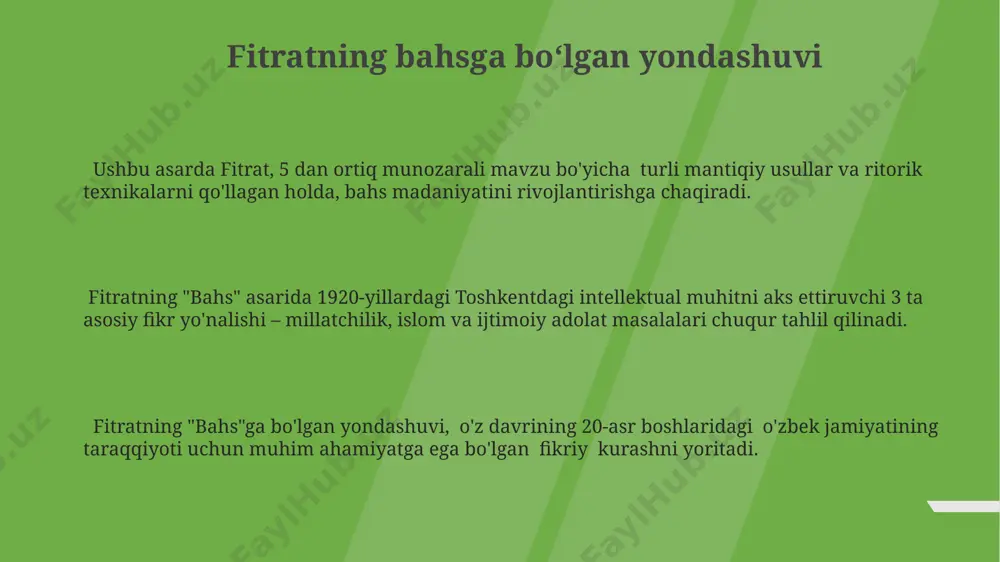 rni samarali o'tkazishga oid qimmatli ko'rsatmalar beradi. fitratning "munozara usullari" asari 1910-yillardagi turkiston madaniy muhitida 30 dan ortiq munozaralarni o'tkazishga asos bo'lgan va samarqanddagi intellektual hayotga kuchli ta'sir ko'rsatgan. bahs uslublari va texnikalari "bahs uslublari va texnikalari"da fitrat, 3 asr davomida markaziy osiyoda qo‘llanilgan bahs madaniyatini o‘rganib, 15 ga yaqin turli madaniy va ijtimoiy kontekstlarni hisobga olib, bahsning ijtimoiy ahamiyatini ta'kidlaydi. kitobda 20 dan ortiq retorika texnikasi, masalan, "takrorlash", "qarama-qarshilik" va "analogiya" kabi usullar tahlil qilinib, ularning farg‘ona vodiysidagi diniy munozaralarda qo‘llanilishi misol tariqasida keltiriladi. fitrat "bahs uslublari va texnikalari"da 5 ta asosiy bahs usulini, jumladan, samarqand va buxoro madrasalarida qo‘llanilgan tarixiy misollar bilan tahlil qilib, ularning samaradorligini 10 ball shkalasi bo‘yicha baholaydi. fitratning ritorika nazariyasi ushbu asarda fitrat, qadimgi yunon va arab ritorikasi an'analarini o'rganib, 30 dan ortiq misol keltirib, zamonaviy o'zbek adabiyoti uchun yangi ritorika nazariyasini yaratishga harakat qilgan. kitobda 7 bob mavjud bo'lib, har bir bobda nutqning …