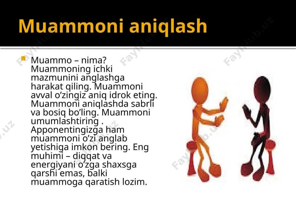 ish, nafsoniyat va hayotga havf solish 10. psixologik va jismoniy shantaj 11. kinoya, piching qilish, istehzo bilan munosabatda bo'lish 12. boshqalarga tazyiq o'tkazish 13. agressiv munosabatga o'tish va zo'ravonlik ko'rsatish 14. kuch ishlatish, qo'lga erk berish • 15. o'z dilisiyohligini beyab, o'zidan zaif odamlarga to'kish 16. boshqalar haqida bo'hton gaplar tarqatish, g'iybat, gap tashuvchilik qilish 17. ranjitish, dilisiyohlik, boshqalar ko'nglini og'ritish 18. buyruqbozlik, o'zini boshliq deb bilish 19. mas'uliyatidagi vazifalarni bajarmaslik 20. mas'uliyatli qarorlar qilishdan cho'chish insonlarning qusurlari, nuqsonlari va kamchiliklari. bekorchilik bekorchilik о 'z-o ziga qilingan suiqasddir. xudbinlik shaxsiy xudbinlik - razillikning boshidir. hasad hasad kishilar orasida janjalni boshlab beradi (demokrit) jur 'atsizlik jur 'atsizlik - qanchadan-qancha yaxshi amallarning boshini yeydi. qo 'rqoqlik eng tuban tuyg'ular ichidagi eng tuban tuyg'u - bu qo 'rquvdir (v.shekspir) foydalanilgan adabiyotlar t eshquvvatov “psixologik konfliktologiya” fanidan maruzalar matni 2014 www.ziyonet.uz d.abduvaxobova “psixologik konfliktologiya” maruzalar matni 2012 www.samdu.uz. etiboringiz uchun raxmat. image10.jpeg image11.jpeg image12.jpeg …