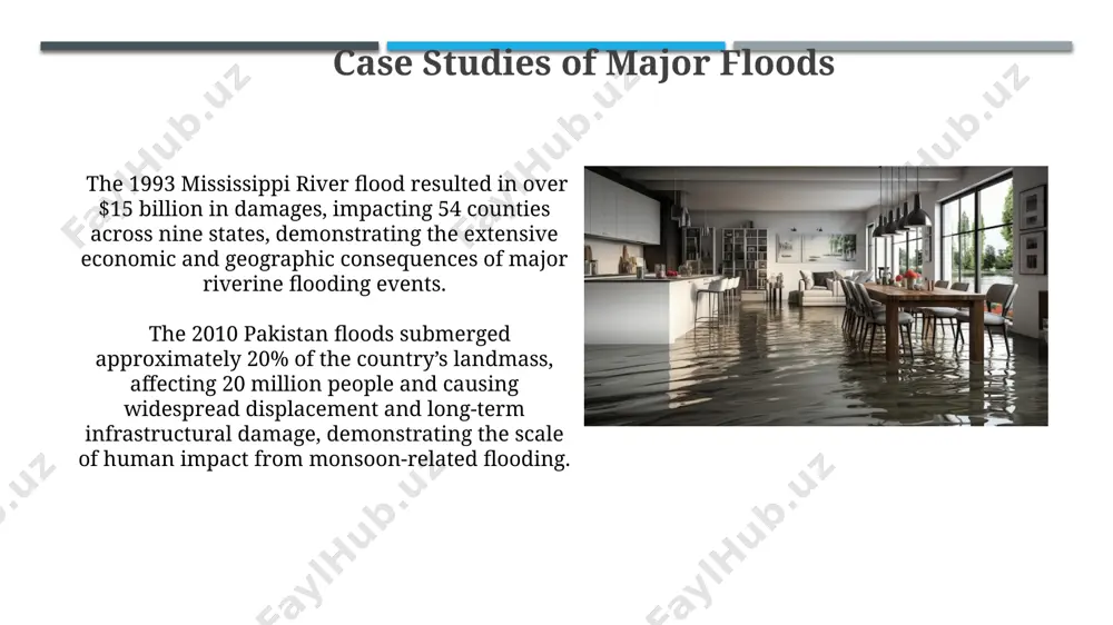 insurance claims totalled an estimated $8 billion in the us alone, representing a 20% increase from the previous year's figures. flood damage inflicts significant economic losses, with the global annual cost exceeding $100 billion, encompassing property destruction, infrastructure repair, and business interruption impacting gdp. types of flood damage floodwaters often carry debris, resulting in significant damage to household contents. approximately 30-50% of flood-related losses are attributed to ruined personal possessions, encompassing furniture, electronics, and irreplaceable sentimental items. structural damage from floods can range from minor cosmetic issues (e.g., damaged drywall) costing a few hundred dollars to catastrophic failures requiring over $100,000 in repairs, depending on the depth and duration of inundation. flood prediction and warning systems satellite-based remote sensing, utilizing radar and infrared technology, provides crucial data for flood mapping and monitoring, covering vast areas inaccessible to ground-based sensors and enhancing early warning capabilities by identifying potential flood zones. early …