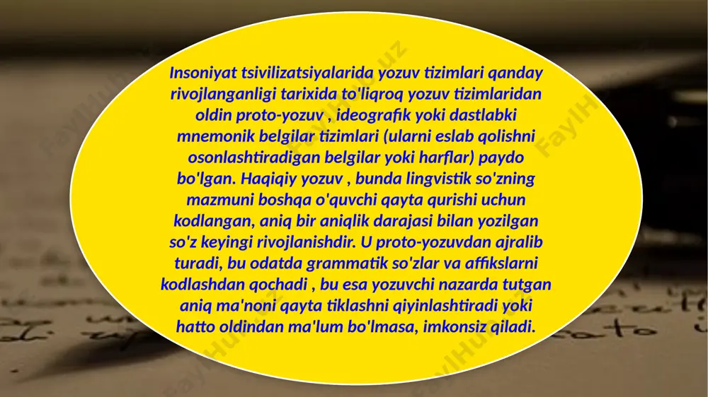 adi , ehtimol miloddan avvalgi 2112-2004 yillarda yozilgan (garchi faqat miloddan avvalgi 2017-1763 yillarda yozilgan). ulardan birinchisida, enmerkar va arattaning rabbiysida yozilish rivojlanganligi tushuntiriladi, chunki qirol enmerkarning xabarchisi, u bilan aratta shahri qiroli o'rtasida oldinga va orqaga yurib, oxir-oqibat eslash uchun juda ko'p narsa bor edi va shuning uchun enmerkar. uning xabarlarini yozish g'oyasi bor edi; shunday qilib, yozuv tug'ildi. xulosa yozuvning tabiati, ayniqsa, asrlar davomida yangi texnologiyalarning rivojlanishi tufayli doimiy ravishda rivojlanib bordi. qalam , matbaa mashinasi , kompyuter va mobil telefon - bularning barchasi texnologik ishlanmalar bo'lib, ular yozilgan narsalarni o'zgartirdi va yozma so'zni yaratish vositasidir. xususan, raqamli texnologiyalar, ya'ni kompyuter va mobil telefonning paydo bo'lishi bilan belgilarni qo'l bilan jismoniy harakat qilish emas, balki tugmani bosish orqali shakllantirish mumkin. foydalanilgan adabiyotlar: shotvell, jeyms tomson (1922). tarix tarixiga kirish: tsivilizatsiya yozuvlari, manbalar va tadqiqotlar. nyu-york:kolumbiya universiteti nashriyoti. smail, daniel lord (2008). chuqur tarix va miya haqida: gumanitar fanlar …