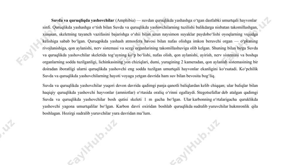 ham bajaradi. terining bu xususiyati ularning quruklik muhitiga toʻliq moslanishiga imkon bermagan. bir qancha turlari terisida zaharli suyuklik ishlab chiqaradigan bezlar ham boʻladi. suvda va quruqlikda yashovchilar hrz. quruqlikda yashovchi umurtqalilar orasida eng sodda tuzilgan boʻlib, skeletida togʻaylar koʻp. oldingi oyokdari, odatda 4 barmokli, keyingisi — 5 barmokli. dumli suvda va quruqlikda yashovchilardan sirenlarning keyingi oyoqlari, oyoqsizlarning ikkala juft oyoqlari, koʻkrak qafasi boʻlmaydi; ogʻiz boʻshligʻi tubidagi muskullarning qisqarishi tufayli havo oʻpkaga oʻtadi. ayrim salamandralarda oʻpka boʻlmaydi. miyacha kuchsiz rivojlangan. dumsiz suvda va quruqlikda yashovchilarda oʻrta quloq va nogʻora pardasi rivojlangan. yuragi 3 kamerali, oʻpkasiz suvda va quruqlikda yashovchilar yuragi 2 kamerali. chal yurak boʻlmasiga arteriya qoni, oʻng yurak boʻlmasiga vena qoni va teridan arteriya qoni keladi. arteriya va vena qoni yurak qorinchasida aralashib ketadi. gavdadagi boshdan boshqa barcha organlar aralash qon bilan taʼminlanadi. buyragi koʻpchilik baliklarnikiga oʻxshash tana buyrak (mezonefros); buyrak va jinsiy bezlar yoʻli kloakaga ochiladi. suvda va quruqlikda …