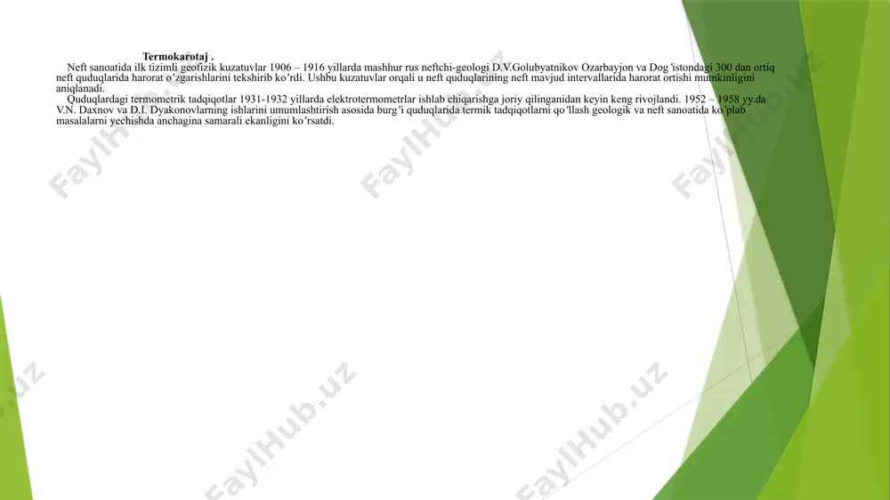 metr asbobining qayd qilish (yozuv) nuqtasi; ii- asbobining ulanish (tugash) qismi; iii-kabel poynagi (ushbu rasmda ko’rsatilgan tr-7 elektrotermometr zondlari 0 dan +50 °c gacha diapazonda harorat o’zgarishlarini qayd qilishga mo’ljallangan. 3-rasm. etalonlash vaqtida termogrammalar shakli. a) termogrammada haroratning keskin ortishi; b) termogrammada haroratning nolgacha pasayishi; s) normal termogramma. termogrammalarda qisqa intervallarda haroratning keskin ortishi yoki pasayishi yaroqsiz juda kamdan kam hollarda kuzatiladi va bunday holat normal muhitda kuzatilishi termogrammaning yaroqsiz ekanligini anglatadi. 4-rasm. janubiy-g’arbiy hisor neftgazdorlik hududidagi bir nechta quduqlar uchun termogrammalarda geoharoratning taqsimlanishi. janubiy-g’arbiy hisor regionida geotermik maydoni yuqori gradientlar bilan har 100 m.ga 3,14-3,73 °c ga yetishi bilan ajralib turadi. image1.png image2.png image3.png image4.png