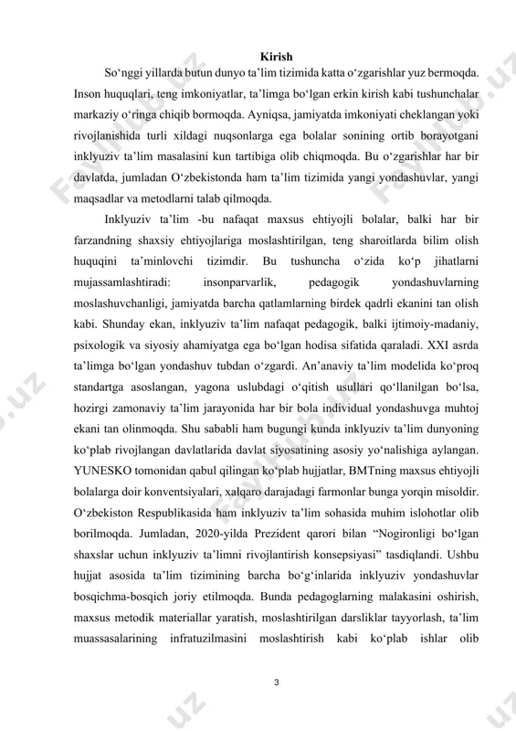 n qarash, uni jamiyatning ajralmas qismi sifatida ko‘ra bilishdir. aynan shu sababli bugungi kunda o‘qituvchidan nafaqat o‘z fanini puxta bilish, balki pedagogik psixologiyaga oid chuqur bilimga ega bo‘lish, individual yondasha olish, bag‘rikeng va sabrli bo‘lish kabilar talab qilinmoqda. maxsus ehtiyojli bolalar bilan ishlashda o‘qituvchi o‘zining didaktik yondashuvini, dars berish uslublarini moslashtira olishi, har bir o‘quvchi uchun alohida o‘quv strategiyasini tanlay olishi zarur. bu esa o‘z navbatida yangi metodikalar, moslashtirilgan o‘quv materiallari, innovatsion texnologiyalarni ishlab chiqishni talab qiladi. shuningdek, inklyuziv ta’lim nafaqat bolalarning bilimi, balki ularning jamiyatga moslashuvi, ijtimoiylashuvi, o‘zini erkin his qilishi, ishonch bilan harakat qilishi, o‘z imkoniyatlariga ishonishi uchun ham muhimdir. maxsus ehtiyojli bola oddiy maktab sinfida o‘z tengdoshlari bilan birga o‘qisa, u o‘zini “boshqacha” emas, “odatiy” deb his qiladi. bu esa uning ruhiy salomatligiga, rivojlanishiga ijobiy ta’sir ko‘rsatadi. zamonaviy jamiyat uchun inklyuziv yondashuvlar shunchaki ixtiyoriy imkoniyat emas, balki majburiy ehtiyojga aylanmoqda. inson huquqlari doirasida har bir bolaning sifatli …