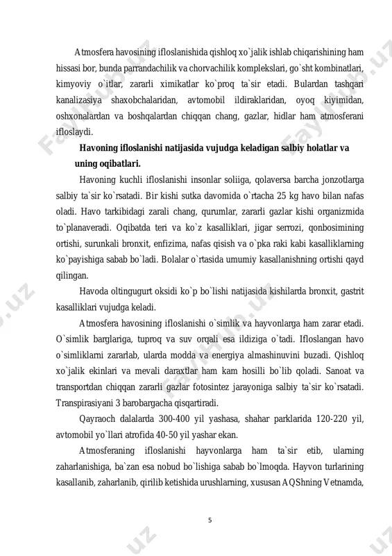 qda. hayvon turlarining kasallanib, zaharlanib, qirilib ketishida urushlarning, xususan aqshning vetnamda, 6 laosda olib borgan urushlarida kimyoviy qurollarni qo`llash tufayli 170 qush turidan hozir 24 qush turi, 55 sut emizuvchilar turidan 5 turi qolgan. atmosferaga milliard tonnalab so2 gazining chiqarilishi natijasida sayyoramizning o`rtacha harorati 1850 yilga nisbatan 0,5os ga oshganligi aniqlangan. agar atmosferadagi so2 ning miqdori ortib boraversa, uning miqdori 2025 yilga borib 0,0379% ga etishi mumkin, bu esa er sayyorasi haroratini 1,8os gacha ko`tarilishi taxmin qilinmoqda. yer atmosferasi haroratining o`sishi, muzliklarning erishiga, suv sathining ko`tarilishiga olib keladi, bu esa ekin maydonlarini kamaytiradi, yoin-sochin miqdori ko`payib, iqlim o`zgaradi. oxirgi 25-30 yil ichida kislotali yomirlar ayrim davlatlarda haqiqiy ekologik falokatga aylanib qoldi. har qanday qazilma yoqili yondirilganda chiqindi gazlar tarkibida oltingugurt va azot qo`sh oksidlari bo`ladi. atmosferaga millionlab tonna chiqarilayotgan bu birikmalar yomirni kislotaga aylantiradi. so`nggi yillarda aqsh, kanada, germaniya, shvesiya, norvegiya, rossiya va boshqa rivojlangan davlatlarda kislotali yomirlar ta`sirida katta …
