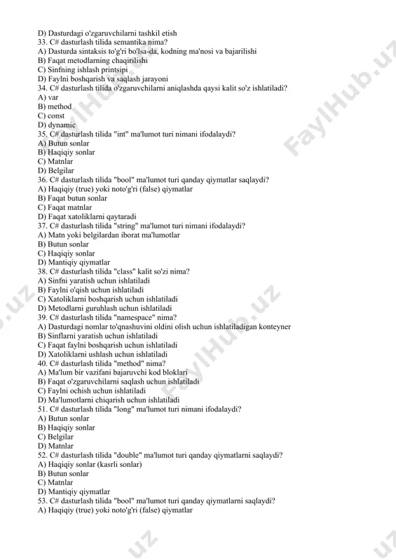 qat metodlarni chaqirish uchun c) faylni yopish uchun d) o'zgaruvchilarni aniqlash uchun 31. c# dasturlash tilida til alifbosi nima? a) dasturlash tilidagi barcha rasmiy belgilar va kalit so'zlar b) faqat metodlar va o'zgaruvchilar nomlari c) faqat ma'lumot turlari va sinflar d) dasturdagi matnlarni saqlash va chiqarish qoidalari 32. c# dasturlash tilida sintaksis nima? a) dasturdagi kodni yozish qoidalari va strukturasi b) dasturdagi ma'lumotlar oqimi c) xatoliklarni boshqarish tartibi d) dasturdagi o'zgaruvchilarni tashkil etish 33. c# dasturlash tilida semantika nima? a) dasturda sintaksis to'g'ri bo'lsa-da, kodning ma'nosi va bajarilishi b) faqat metodlarning chaqirilishi c) sinfning ishlash printsipi d) faylni boshqarish va saqlash jarayoni 34. c# dasturlash tilida o'zgaruvchilarni aniqlashda qaysi kalit so'z ishlatiladi? a) var b) method c) const d) dynamic 35. c# dasturlash tilida "int" ma'lumot turi nimani ifodalaydi? a) butun sonlar b) haqiqiy sonlar c) matnlar d) belgilar 36. c# dasturlash tilida "bool" ma'lumot turi qanday qiymatlar saqlaydi? a) …