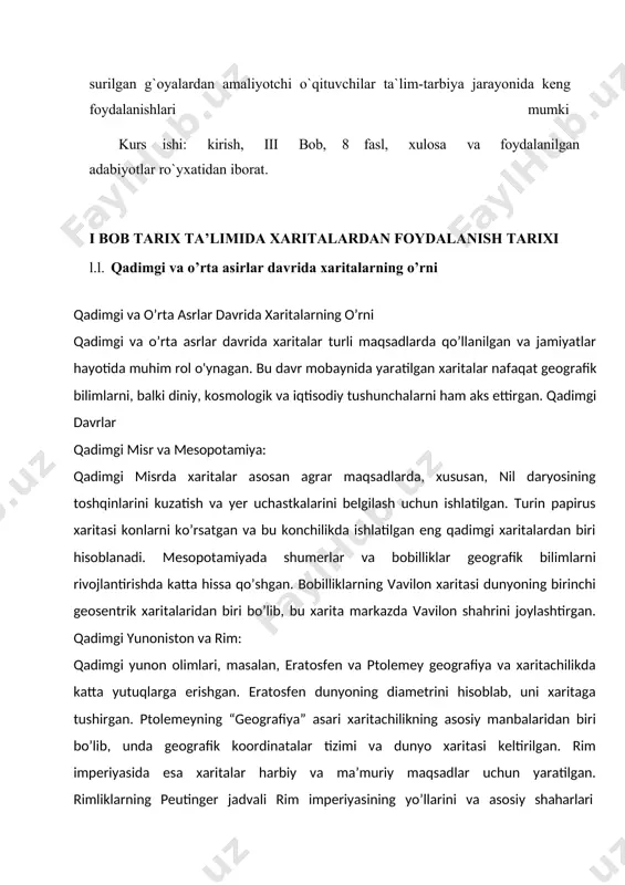 harbiy strategiyalarni tushuntirish edi. bu davrda xaritalar juda qadrli bo’lib, ulardan foydalanish tijorat, madaniyat va ilmiy o’zgarishlarning rivojlanishiga katta ta’sir ko’rsatdi. misollar: **ptolemy geographia:**claudius ptolemy tomonidan 2-inci asrda yozilgan uslubiy geografik kitob bo’lib, 40 ga yaqin qadimiy chorak, l.2. zamonaviy davrda xaritalar va ularning rivojlanishi xaritalar – geografik hududlar, tabiiy va sun’iy obyektlarning joylashuvini tasvirlovchi grafik ko’rinishdir. ular turli maqsadlarda ishlatiladi: ta’lim, ilmiy tadqiqot, tijorat, harbiy strategiyalar va sayohat. zamonaviy texnologiyalar, masalan, gis (geographic information systems) va masofadan zondlash (remote sensing) yordamida xaritalarning aniq va keng qamrovli bo’lishi ta’minlanadi. xaritalarning turlari ko’p bo’lib, ularning har biri o’ziga xos xususiyatlarga ega. 1. fizik-geografik xaritalar fizik-geografik xaritalar tabiiy landshaftlarni tasvirlaydi. ular tog’lar, daryolar, o’rmonlar, cho’llar va dengizlar kabi tabiiy obyektlarni ko’rsatadi. bu xaritalar odatda ranglar, soyalar va izohlar yordamida turli balandlik va chuqurliklarni tasvirlaydi. · **topografik xaritalar:** balandlik chiziqlari va izolinlar yordamida yerdagi balandlik o’zgarishlarini ko’rsatadi. harbiy va muhandislik sohalarida keng qo’llaniladi. …