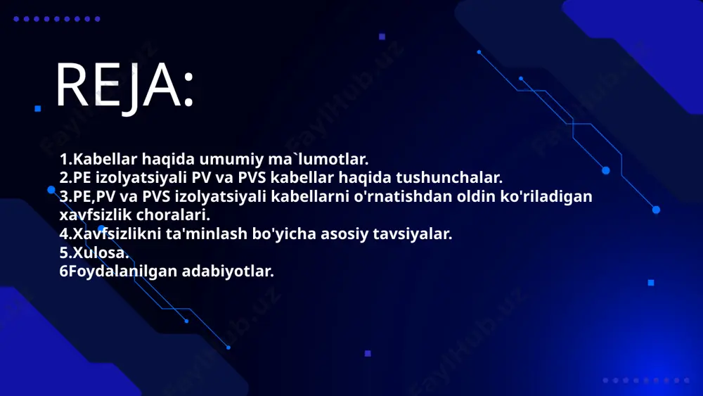 a keng qo‘llaniladi. ularning o‘rnatilishi va ishlatilishida xavfsizlik choralariga qat’iy amal qilish elektr uzatish tizimlarining uzoq muddatli va xavfsiz ishlashiga xizmat qiladi.pe izolyatsiyali pv va pvs kabellarini o‘rnatishda xavfsizlik qoidalari bo‘yicha elektr kabellarini, xususan, pe (polietilen) izolyatsiyali pv va pvs turdagi kabellarni o‘rnatishda xavfsizlik qoidalariga qat’iy rioya qilish inson salomatligi, uskunalarning ishonchli ishlashi va butun elektr tizimining xavfsizligi uchun muhim ahamiyatga ega. bu turdagi kabellar yuqori dielektrik ko‘rsatkichlari va uzoq xizmat muddati bilan ajralib turadi, biroq ular bilan ishlashda ayrim ehtiyot choralarini ko‘rish zarur. avvalo, montaj ishlari kuchlanish to‘liq uzilgan holda bajarilishi kerak. ishchi xodimlar elektr xavfsizligi bo‘yicha o‘quv kurslaridan o‘tgan, maxsus malakaga ega bo‘lishi talab qilinadi. kabellarni o‘rnatishdan oldin ularning tashqi ko‘rinishi, izolyatsiya holati, moslamalarga mos kelishi diqqat bilan tekshiriladi. shuningdek, ish joyi to‘liq xavfsiz holatga keltirilib, atrof muhitda namlik, yonuvchi moddalarning yo‘qligiga ishonch hosil qilinadi.pv kabel odatda stasionar, harakatsiz liniyalar uchun mo‘ljallangan bo‘lsa, pvs kabel ko‘p egilish va …