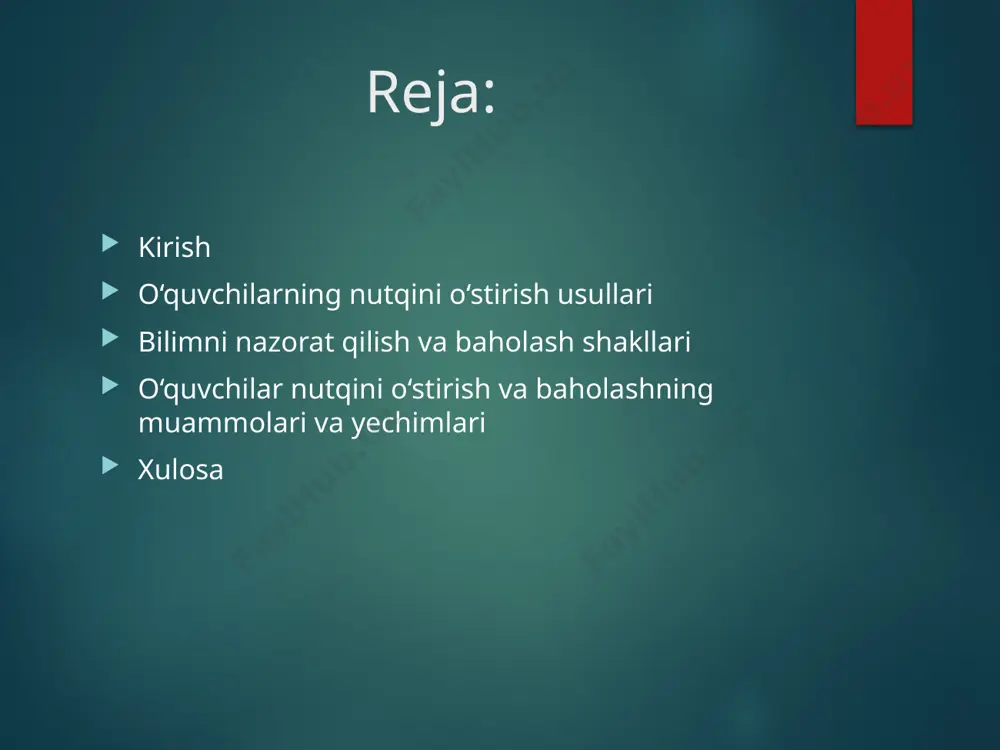 r o‘quvchilar savodxonligi va grammatik bilimlarini baholashga yordam beradi. imlo va uslubiy xatolar tahlili – o‘quvchilar xatolarini to‘g‘rilash orqali yozma nutqni mukammallashtirishga intilishadi. innovatsion baholash usullari portfoliolar baholash – o‘quvchilarning ijodiy ishlari va yozma topshiriqlari umumiy natijalar asosida tahlil qilinadi. reyting tizimi – o‘quvchilarning barcha faoliyatini yagona tizimda baholash orqali ularda mas’uliyat hissi shakllanadi. o‘quvchilar nutqini o‘stirish va baholashning muammolari va yechimlari muammolar o‘quvchilarning og‘zaki va yozma nutqining bir xil rivojlanmasligi. baholashda ob’ektivlikning yetishmasligi. innovatsion usullardan kam foydalanish. yechimlar nutqiy mashg‘ulotlar sonini ko‘paytirish va ijodiy yondashuvni kuchaytirish. baholash jarayonida diagnostik testlardan keng foydalanish. o‘qituvchilarning malakasini oshirish va yangi pedagogik texnologiyalarni joriy etish. xulosa ona tili ta’limida o‘quvchilarning nutqini o‘stirish va bilimlarini nazorat qilish – ta’lim sifatini oshirishning asosiy omillaridan biridir. ushbu jarayonni to‘g‘ri tashkil etish orqali o‘quvchilarning nafaqat tilga, balki milliy qadriyatlarga bo‘lgan qiziqishlari ham oshadi. shuning uchun zamonaviy ta’lim metodlarini joriy etish va baholash tizimini takomillashtirish muhim hisoblanadi. foydalanilgan …