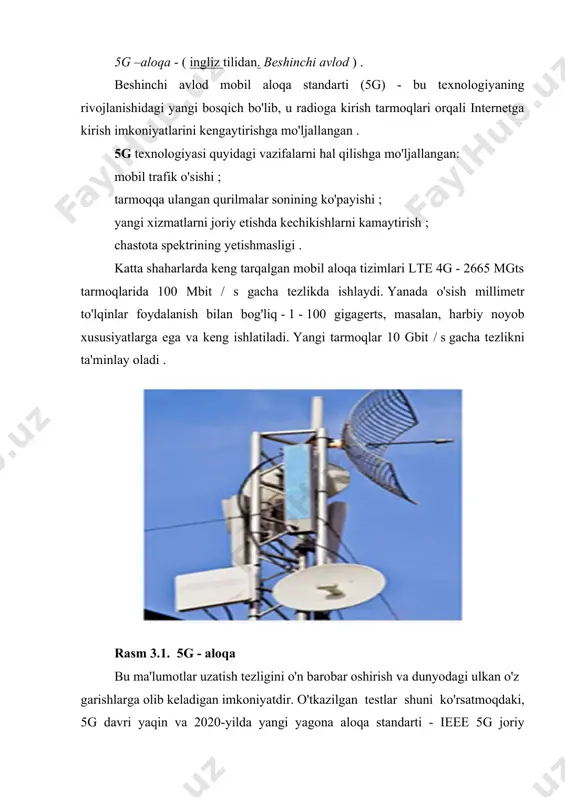 unyodagi ulkan o'zgarishlarga olib keladigan imkoniyatdir. o'tkazilgan testlar shuni ko'rsatmoqdaki, 5g davri yaqin va 2020-yilda yangi yagona aloqa standarti - ieee 5g joriy etilgandan so'ng keladi. yangi avlod tarmoqlari keng tarqalgan sanoat avtomatizatsiyasi – machine – to - machine (m2m), uchuvchisiz transport va internetdagi haqiqiy yutuqlarga yo'l ochadi. dastlab, texnologiya yirik megapolislarda qo'llaniladi va ularning iqtisodiyotini sezilarli darajada o'zgartirishi mumkin. 3d - bosma - (ingliz tilidan, 3 - o'lchovli) . uch o'lchovli bo'shliq (grafika). so'nggi yillarda sanoat, zargarlik buyumlari va modellashtirish sohasida eng qisqa vaqt ichida va eng yuqori aniqlikda kutilgan kerakli natijalarga erishgan modellarni yaratish uchun innovatsion dizaynlar va zamonaviy uskunalar tobora ko'proq qo'llanilmoqda . qo'lda bajarilishi mumkin bo'lmagan murakkab yuqori aniqlikdagi modelni olish yoki har xil miqdordagi (ikki mingdan bir necha minggacha) bir xil modellarni ishlab chiqarish uchun uch o'lchovli virtual modeldan tayyor ob'ektni olishga imkon beradigan uskunadan foydalaniladi (3.2. - rasm): rasm 3.2. 3d - qurilish materiallari …