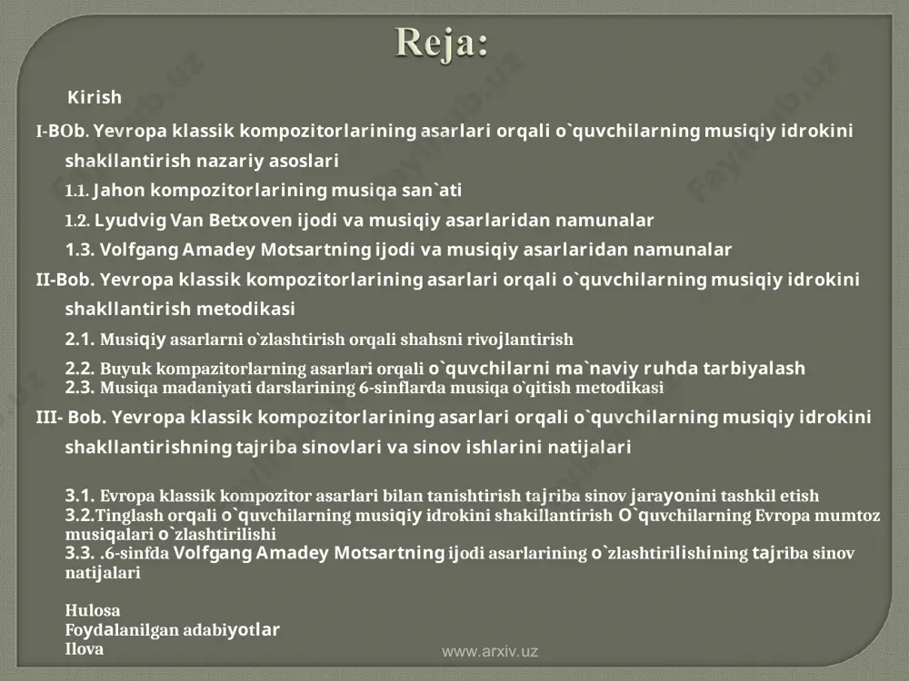 irish va shu jumladan yevropa mumtoz musiqalariga e`tibor berish jarayoni boshlandi. musiqa san`ati u milliy qadriyatlar asosidagi nafis san`at, halq dardi, tili, dili, ma`naviy madaniy, ma`rifiy tadbirlar mazmunini, tarbiyaviy ahamiyatini teran anglashga yordam beruvchi vositadir. musiqa madaniyati ta`lim dargohlarida o`ziga xos milliy ma`rifatni, ma`naviyatni, madaniyatni, ahloqiy tarbiyani targ`ib ‘tadi. musiqa madaniyati darslarida musiqa o`qituvchisi targ`ib etuvchi mutahasis sifatida o`z o`rni va mavqega ega. musiqa san`atidagi mavjud janr va shakllarning taraqqiyotida 17-19 asr chet el kompozitorlarining ijodi alohida ahamiyatga ega. unda g`arb kompozitorlik maktabini shakillanishi, musiqiy janrlarini paydo bo`lishi, musiqada romantizm yo`nalishi vakllarining paydo bo`lishi orqali musiqa gurkiraydi. www.arxiv.uz www.arxiv.uz o’zbekiston respublikasining “ta’lim to’g’risidagi” qonuni “kadrlar tayyorlash milliy dasturi”ning q’bul qilinganligi hamda ushbu direktiv hujjatlar mohiyatiga ko’ra uzluksiz ta’lim tizimi o’ziga hos axamiyat kasb etadi.yangi ta’lim mazmuni o’quvchilarning bilim va malakalarini oshiradi, hotirasinin mustahkamlaydi, obrazli tasavvur qilish, musiqiy did kabi hislatlarni rivojlantiradi. www.arxiv.uz www.arxiv.uz o’quvchilarni evropa klassik kompazitorlarining asarlari bilan tanishtirish …