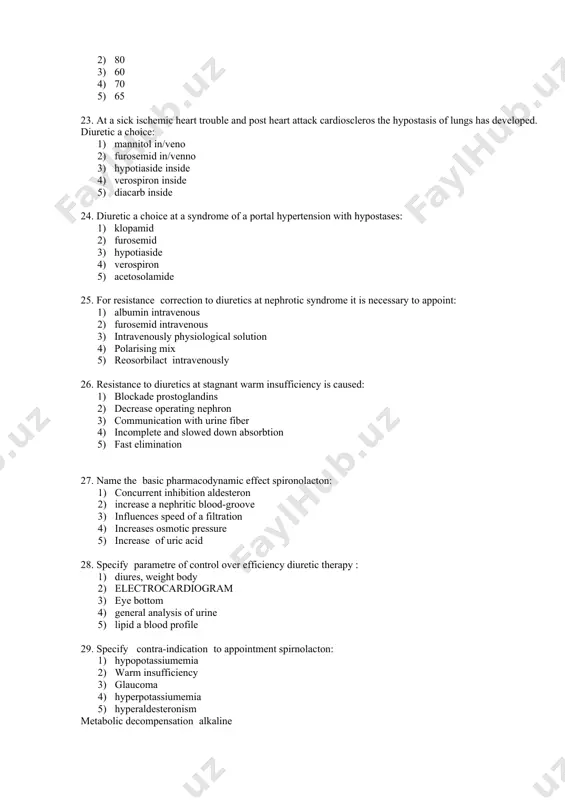 onatriemia 5) hypernatniemia, hyperurikemia, hyperkaliemia 36. what pharmacodynamic effects the given preparation possesses? 1) vosodilatation, diuretic* 2) anti-inflammatory, 3) antianginal,diuretic 4) antiagregant, hypolipidemic 5) antifibrous, anti-inflammatory 37. what diuretic possesses the specified mechanism of action? 1) furosemid 2) amilorid 3) spironolacton* 4) triamteren 5) hydrochlortiaside image1.png image2.jpeg image3.jpeg image4.jpeg image5.jpeg