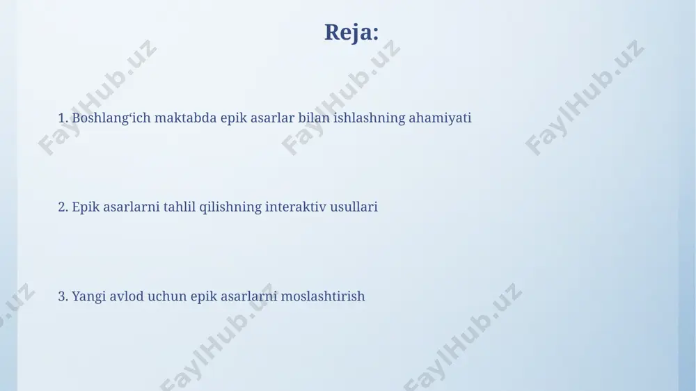oshkent shahridagi 5 ta maktabda sinovdan o'tkazilib, matematika fanidan o'rtacha ballar 15% ga oshganini ko'rsatdi. 1-4-sinf o'quvchilari uchun "o'yin va mashqlar orqali o'rganish" metodikasi samarqand viloyati maktablarida 2022-yildan qo'llanilib, o'quvchilarning 30% da o'qishga bo'lgan qiziqishini oshirgan. asar mazmunini soddalashtirish "алпомиш" достонидан 20 та асосий воқеани расмли карточкалар ёрдамида тушунтириш, самарқанддаги тарихий жойлар билан боғлиқликни кўрсатиб бериш дарсни қизиқарли қилади. "манас" достонининг 100 сатрлик қисқартирилган вариантини ўқиб, билимларни мустаҳкамлаш учун 5 та саволдан иборат тест ишлаб чиқиш, тошкентдаги болалар кутубхонасининг тажрибасига таяниш мумкин. baholovchi metodlari баҳоловчи методикаларда 5-синф ўқувчиларининг "алпомиш" достони бўйича 3 та саволдан иборат тест ишларини 70% дан юқори балл тўплаганлар сони навоий вилоятидаги мактабларда ўртача 45% ни ташкил этди. ўзбекистоннинг турли ҳудудларидаги 10 та бошланғич синфда "шоҳнома"нинг қисқартирилган вариантларидан фойдаланган ҳолда, 20 та ўқувчидан 12 таси яхши натижа кўрсатган бўлса, қолганларига қўшимча 3 марта машғулот ўтказилди. ijodkorlik va xayolotni rivojlantirish boshlangʻich sinf oʻquvchilarida ijodkorlikni rivojlantirishda 5-7 yoshdagi bolalar …