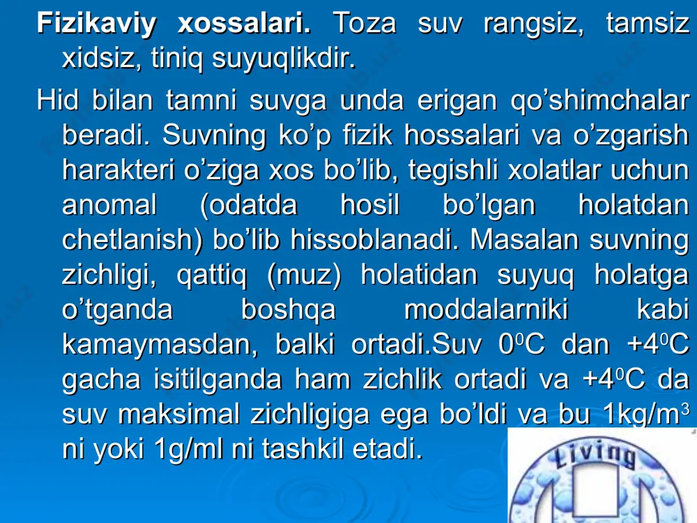 i pok saqlash har bir insofli odamning, har bir musulmonning va har bir fidoyi o‘zbekning vijdon ishiga aylanishi lozim. endi bugundan boshlab hamma o’z o’ziga va’da bersin. isrof bo’layotgan suvni ko’rsa asrashga harakat qilsin. suvni asramaslik oqibatlari. “piramida” o’yini “o’ylang-juftlikda ishlang- fikr almashing” : № savol a b c o'quvchi javobi to'g'ri javob 1 sariq rang moddani toping kislorod oltingugurt shakar 2 kumush metalining kimyoviy belgisi au ag ar 3 eng qattiq modda qaysi olmos temir marmar 4 suv necha xil agregat holatda bo’ladi 2-xil 3-xil 4-xil 5 aluminiy oksidini toping al3o2 al2o3 al(oh)3 6 suvning molekulyar massasini mr toping 17 18 19 "blits-so'rov" usuli № modda nomi modda formulasi formulaning grafik tasviri 1 suv h2o h-o-h 2 amiak 3 oltingugurt(vi)-oksid 4 azot (iii)-oksid 5 natriy oksid 6 aluminiy oksid woman drinking water from a glass