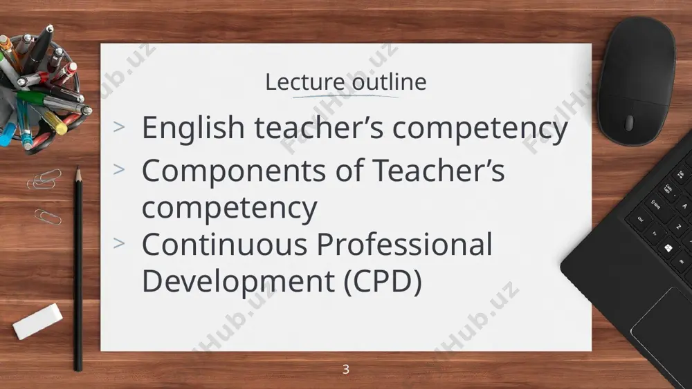 ccessful in a job.” j. jalolov "is achieved level of language profeciency” * so, teacher competency: the common understanding related to teachers’ competencies is divided into three main areas as field competencies, pedagogical competencies and cultural competencies. * use diagrams to explain your ideas * lorem ipsum lorem ipsum lorem ipsum lorem ipsum lorem ipsum lorem ipsum lorem ipsum components of teacher’s competency content knowledge (their subjects) pedagogic content knowledge (adapt content according to learners’ needs) general pedagogic knowledge (e.g. classroom management, planning, aids and resources, assessment) curricular knowledge (knowledge of syllabus and standard) contextual knowledge (learners’ characteristics, school norms, community expectations) process knowledge (study skills, team skills, observational skills, ability to relate to learners, peers and parents) source: j. roberts (1998) language teacher education london: arnold * teacher competency * management psychological pedagogical researchers mentioned following aspects of pedagogical competence in the works of these researchers: the management aspect: …
