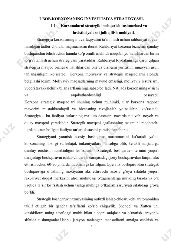 tlari o’zgarishidan kelib chiqqan holda kelajakda ko’zda tutish maqsadlarga erishish uchun har bir hozirgi lahzada u aynan hozirgi paytda nima strategik boshqaruvda kelajakdan turib hozirgi paytga nazar tashlanadi. tashkilotga ma’lum kelajakni ta’minlovchi hozirgi davrdagi tashkilot harakatlari aniqlanadi va amalga oshiriladi. bunda strategik boshqaruv uchun shu narsa ham xarakterliki, nafaqat kelajakda korxonaning ko’zda tutilgan xolati qayd qilinadi, balki shu ham strategik boshqaruvning eng muhim vazifalaridan hiso-blanadi, ko’zda tutilgan maqsadlarga erishish imkoniyatini beruvchi atrofdagi o’zgarishlarga aks ta’sir ko’rsatish qobiliyati ishlab chiqiladi. ikkinchidan, nostrategik boshqaruvda xarakat dasturini ishlab chiqish tashkilotning ichki imkoniyatlari va resurslari tahlilidan boshlanadi. bunday yondashuvda tashkilot faqat qanday miqdorda mahsulot ishlab chiqarish va bunda qancha harakat qilishnigina aniqlashi mumkin. ishlab chiqarish hajmi va xarajatlar miqdori firma tomonidan yaratilgan javob bera olmaydi, qanday miqdorda va narxda mahsulot sotib olinishini bozor aniqlaydi. yaqqol afzalliklar bilan bir qatorda strategik boshqaruv undan foydalanish bo’yicha kamchilik va cheklovlarga ega va bular ushbu boshqaruv turi boshqa …