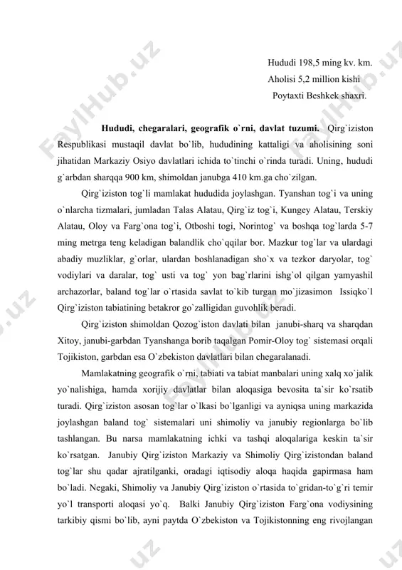 regionlarga bo`lib tashlangan. bu narsa mamlakatning ichki va tashqi aloqalariga keskin ta`sir ko`rsatgan. janubiy qirg`iziston markaziy va shimoliy qirg`izistondan baland tog`lar shu qadar ajratilganki, oradagi iqtisodiy aloqa haqida gapirmasa ham bo`ladi. negaki, shimoliy va janubiy qirg`iziston o`rtasida to`gridan-to`g`ri temir yo`l transporti aloqasi yo`q. balki janubiy qirg`iziston farg`ona vodiysining tarkibiy qismi bo`lib, ayni paytda o`zbekiston va tojikistonning eng rivojlangan viloyatlari bilan chambarchas iqtisodiy aloqadadir. mamlakatning janubiy qismi – o`sh viloyati uning shimoliy rayonlari bilan o`zga davlatlar tojikiston, o`zbekiston va qozog`iston orgali temir yo`l bilan iqtisodiy aloqa o`rnatgan. mamlakatning geografik o`rni, uning relyef xususiyatlari bilan bog`langan tomonlar chegaradosh davlatlar bilan iqtisotiy aloqalarni olib borishda turlicha imkoniyatlar tug`diradi. misol. qirg`ziston katta masofada xitoy davlati bilan chegaralanadi. biroq ikki davlat o`rtasidagi baland tog`lar iqtisodiy aloqada tabiiy to`siq bo`lib maydonga chiqadi. yoki janubiy-g`arbiy qirg`izistonning farg`ona vodiysida joylashganligi ozbekiston-qirg`iziston iqtisodiy va madaniy aloqalarini juda rivojlantirishga olib kelgan. qirg`iziston mustaqil davlat. u o`z mustaqilligini 1991 yilning avgustida …