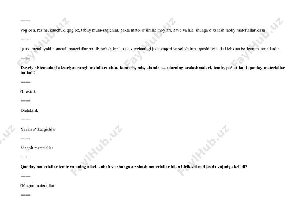 ignali uzatishga mo‘ljallangan yoki juda egiluvchan elektr uskunasi cho‘lg‘amini tayyorlash uchun xizmat qiladigan elektr mahsuloti ==== bir yoki bir necha tekis yoki buralib yotqizilib, simlari alohida izolyatsiyalangan va umumiy qobiqga joylashtirilgan qurilma ==== bir yoki bir necha o‘ralgan ochiq yoki izolyatsiyalangan sim yoki ishlatish sharti bo‘yicha yengil nometall qobiq qoplama va tolali material yoki simdan iborat bo‘lgan to‘qimali kabel mahsuloti. ++++ sanoat chastotali elektr energiyasini uzatishga mo‘ljallangan kabelni ko`rsating? ==== #kuch kabel ==== nazorat kabeli ==== elektr chilvir ==== aloqa kabeli ++++ shimdiruvchi tarkibli kabel bu - ? ==== #moy kanifolli yoki unga o‘xshash izolyatsiya tarkibida shimdirilgan qog‘ozi izolyatsiyali kabel. ==== ko‘p simli kabel izolyatsiyalangan faza simlari ustki qismiga yotqiziladigan umumiy izolyatsiya. ==== har bir izolyatsiyalangan faza simlarini alohida ekranga ega bo‘lgan kabel. ==== izolyatsiyalangan simlari ustidan yotqizilgan umumiy ekranga ega ko‘p simli kabel. ++++ belbog‘ izolyatsiyali kabel - ? ==== #ko‘p simli kabel izolyatsiyalangan, faza simlari ustki qismiga yotqiziladigan …