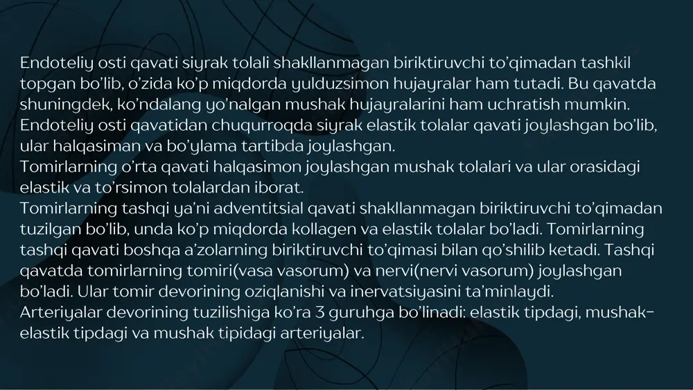 1 https://uz.m.wikipedia.org/wiki/endotelin#cite_note-7 https://uz.m.wikipedia.org/wiki/endotelin#cite_note-8 https://uz.m.wikipedia.org/wiki/endotelin#cite_note-9 endoteliy gistalogiyasi endoteliy — bu bir qatlamli yassi epiteliya hujayralaridan tashkil topgan qatlam bo‘lib, tomirlarning (arteriyalar, venalar, kapillyarlar) ichki yuzasini qoplaydi. u mezodermal kelib chiqishga ega, ya’ni rivojlanish davrida mezoderma qatlamidan hosil bo‘ladi. endoteliy hujayralari yadroli, yassi, cho‘zilgan shaklga ega bo‘ladi. bu hujayralar orasidagi aloqalar tight junction (mustahkam tutashmalar) orqali amalga oshadi, bu esa moddalar almashinuvini nazorat qiladi. endoteliy vazifasi moddalar almashinuvini boshqarish: qon va to‘qimalar orasida gazlar, oziq moddalar va chiqindilarning o‘tishini nazorat qiladi. bar’yerni tashkil qiladi: tomirlar va to‘qimalar o‘rtasida selektiv (tanlovchi) o‘tkazuvchanlikni ta’minlaydi. gemoragik va trombotik nazorat: qon ivishi va antikoagulyatsiyaga ta’sir qiladi (masalan, prostasiklin va no ishlab chiqaradi). immun javobda ishtirok etadi: oq qon hujayralarining tomirdan to‘qimaga chiqishiga yordam beradi. maxsus shakllari: kontinuum endoteliy – qon-miya to‘sig‘i kabi joylarda; juda zich. fenestratsiyalangan endoteliy – buyrak glomerulalari va ichaklarda; o‘tkazuvchanlik yuqori. diskontinuum (sinusoidal) endoteliy – jigar, taloqda; eng katta teshiklarga ega. 1. “sokin …