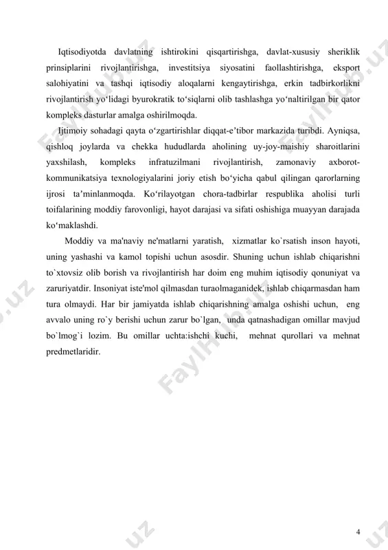 ettirib, avtomobil va temir yo‘llari, maktablar, kasalxonalar qurilishiga xizmat qiladi. ma’naviy ehtiyojlar kishilarning moddiy ko‘rinishga ega bo‘lmagan, bilim va dam olish, madaniy saviyasini oshirish, malaka-mahoratga ega bo‘lish, har xil xizmatlardan bahramand bo‘lish kabi ko‘plab ehtiyojlarni o‘z ichiga oladi. ehtiyojlar yakka tarzda va birgalikda qondirilishi mumkin. bu esa ehtiyojning tabiatiga va uni qondiruvchi obe’ktlar xususiyatiga bog‘liq. shunday buyum va xizmat turlari borki, ulardan faqat birgalikda foydalanish mumkin. masalan, ta’lim olish binolari, kasalxonalardan, dam olish joylaridan bahramand bo‘lish, sport o‘yinlari va ko‘ngilochar tomoshalarni birgalikda ko‘rish kabilar shular jumlasidandir. jamiyat ehtiyojlariga bir qator omillar ta’sir ko‘rsatadi. bular quyidagilar: a) jamiyatning iqtisodiy taraqqiyot darajasi. iqtisodiyoti rivojlanishdan orqada qolgan mamlakatlarda ehtiyojlar doirasi tor bo‘lsa, aksincha, iqtisodiyoti yuqori darajada rivojlangan mamlakatlarda uning doirasi keng va xilma-xil bo‘ladi; b) jamiyatdagi ijtimoiy-iqtisodiy tuzum. agar jamiyatdagi tuzum bozor iqtisodiyoti yoki kapitalistik tartiblar asosida qurilgan bo‘lsa, undagi ijtimoiy guruhlar boylar va kambag‘allar, mulkdor va mulksizlarga bo‘linib, ularga mansub kishilar ehtiyojlari …