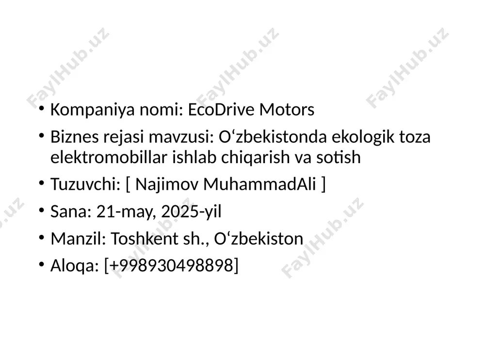 illar uchun servis markazlari tashkil etiladi. toshkent, samarqand va buxoroda dastlabki markazlar ochiladi. xizmatlar: batareya almashtirish, dasturiy ta’minot yangilash, texnik xizmat ko‘rsatish. ekologik jihatlar: ishlab chiqarish jarayonida “yashil” texnologiyalar qo‘llaniladi (masalan, qayta ishlangan materiallar va energiya tejovchi uskunalar). chiqindilarni qayta ishlash tizimi joriy etiladi, bu o‘zbekiston ekologiya vazirligining talablariga mos keladi. marketing rejasi maqsadli auditoriya:mahalliy bozor: o‘rta va yuqori daromadli shaxslar, korporativ mijozlar (taksi xizmatlari, logistika kompaniyalari).xalqaro bozor: mdh mamlakatlari, xususan, qozog‘iston va tojikiston. raqobat tahlili:asosiy raqobatchilar: xitoyning byd va tesla kabi brendlari. mahalliy bozorda raqobat past, chunki elektromobil ishlab chiqarish hali rivojlanmagan.afzallik: mahalliy ishlab chiqarish tufayli narxlar raqobatchilarga nisbatan 20-30% arzonroq bo‘ladi. marketing strategiyasi: 1.reklama: ommaviy axborot vositalari, ijtimoiy tarmoqlar (telegram, instagram) va ko‘rgazmalarda mahsulotni targ‘ib qilish. 2.narx strategiyasi: dastlabki bosqichda arzon narxlar orqali bozorga kirish, keyinchalik premium segmentga o‘tish. 3.davlat yordami: o‘zbekiston hukumatining “yashil” transportni qo‘llab-quvvatlash dasturlaridan foydalanish (masalan, elektromobillar uchun soliq imtiyozlari). 4.hamkorlik: mahalliy banklar bilan lizing …