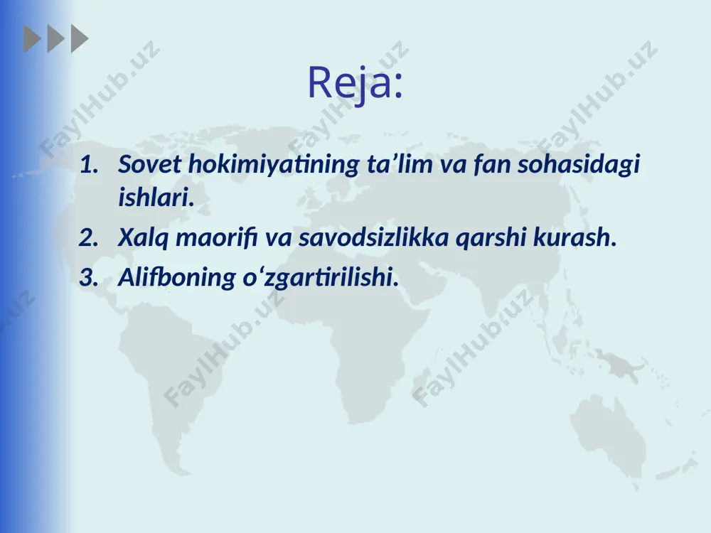 zlik va chalasavodlilikni tugatish ishlarini oxiriga yetkazish vazifasi ham turar edi. 1937-yili savodsizlikni tugatish maktablarining soni 413 taga yetdi. alifboning o‘zgartirilishi. sovet hokimiyatining dastlabki o‘n yilliklarida o‘zbekistonda imlo 3 marta o‘zgartirildi. ma’lumki, islom dini mintaqaga kirib kelgach, asrlar davomida yurtimizda yaratilgan asarlar arab alifbosidagi eski o‘zbek tilida yozilgan edi. ahmad yassaviy, sakkokiy, lutfiy, alisher navoiy, bobur singari mashhur shoirlar 500 – 800 yillar oldin o‘zbek tilida, biroq arab imlosida o‘z asarlarini yozganlar. 1929-yil may oyida samarqandda o‘tgan o‘zbekiston adiblari, imlochilari va yetakchi ziyolilari konferensiyasida o‘zbek yozuvini arab grafikasidan lotin grafikasiga o‘tkazish haqida qaror qabul qilindi. yangi turdagi o‘zbek adabiyoti va milliy san’atining taraqqiyoti. ijtimoiy hayotda shiddatli ziddiyatlar hukm surgan bu murakkab davrda adabiyot va san’at milliylik, insonparvarlik, xalqchilik kabi tamoyillarga sodiqligini saqlab qoldi. o‘zbek yozuvchi va shoirlaridan fitrat, cho‘lpon, abdulla qodiriy, sadriddiy ayniy, hamza va boshqalar o‘z asarlari bilan milliy qadriyatlarni saqlash va himoya qilishga urindilar. o‘zbek milliy musiqasini rivojlantirishda …
