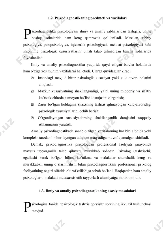 muhim ahamiyat kasb etadigan quyidagi qator masalalarni qamrab oladi: · psixologik xususiyatlar tabiati va ularni ilmiy baholash imkoniyatlarining mavjudligi qanday? · psixologik xususiyatlarni aniqlash jarayonida va miqdoriy baholash vaqtdagi umumiy bo’lgan ilmiy asoslar holati qay tarzda? · hozirgi vaqtda qo’llanila-yotgan psixodiagnostik usul-lar qabul qilingan umum-ilmiy, metodologik talab-larga qanchalik mos keladi? · psixodiagnostikaning turli usullarigaqo’yiladigan me todologik talablar nimalardan iborat? · amaliy psixodiagnostika, jumladan, tashxis jarayon-larini amalga oshirish sha-roitlariga qo’yiladigan ta-lablar, olingan natijalarni qayta ishlash va tahlil qilish usullarining ishonchlilik darajasini asosligi qanday? · psixodagnostik metodlarning ilmiyligini tekshirish va ularni yaratish jarayonlari qanday amalga oshadi? ikkinchisi, “psixodiagnostika” – psixologik tashxisning amaliy jihati bilan bog’liq bo’lgan psixologning maxsus faoliyat doirasini o’z ichiga qamrab oladi. bunda, nafaqat ilmiy, nazariy balki, psixodiagnostikani tashkillashtirish va uni amalga oshirish jarayoniga aloqador amaliy masalalar yoritiladi. uning tarkibini: · psixodiagnost sifatida psixolog uchun qo’yiladigan maxsus talablarni aniqlash; o’z faoliyatini malakali tashkil etishda kerak bo’lgan bilim va ko’nikmalar tartibini …
