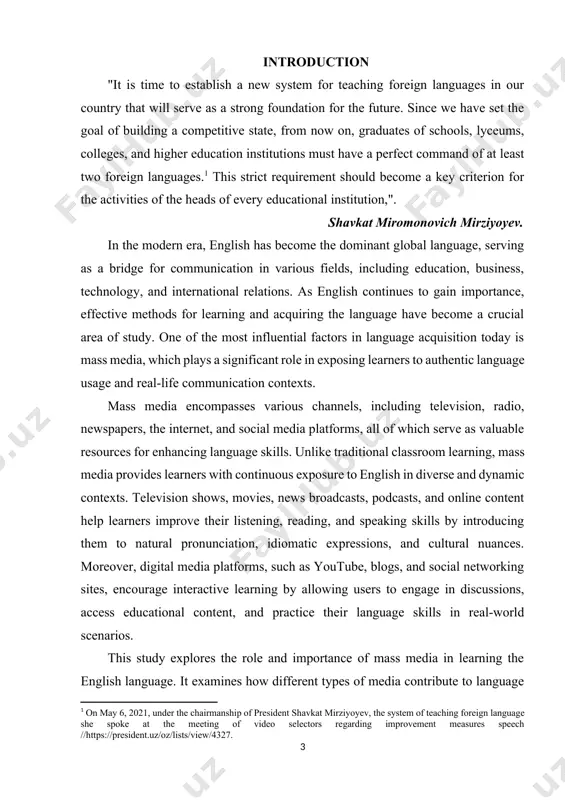ormed the way people learn and acquire language skills. mass media serves as a powerful tool in language learning by providing exposure to authentic english usage, enhancing listening and comprehension skills, and fostering interactive and engaging learning experiences. with the widespread availability of digital resources, learners can access diverse content, including news broadcasts, podcasts, movies, and social media discussions, which offer real-world language application. unlike traditional classroom settings, mass media provides a more immersive and contextual learning experience, allowing learners to grasp pronunciation, vocabulary, and grammar in a natural setting. furthermore, it plays a crucial role in developing cultural awareness, as language is deeply connected to the customs and traditions of its native speakers. this paper explores the role of mass media in learning english, its benefits, and the challenges learners may encounter. theme of the research work this research explores the impact of mass media on the process of …