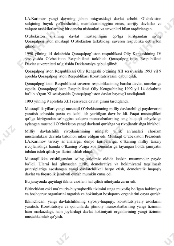 slom abdug`aniyevich karimov turibdi. asrlarga teng shu qisqa vaqtda erishilgan yutuqlar: mamlakatlarda o`rnatilgan ijtimoiy — siyosiy, iqtisodiy barqarorlik tarixiy, diniy, qadriyatlarimizning tiklanishi jamiyatda o’rnatilgan osoishitalikni, mustaqil o`zbekiston respublikasining xalqaro jamiyatda tutgan o’rnining ortib borishini butun xalqimiz, jahonning yirik davlat arboblari islom karimov nomi bilan bog`laydi. 1996 yili venada (avstriya) xx asr xalqlar dohiylari nomida bosib chiqarilgan kitoblarining bir jildi o`zbekiston prezidentiga bag`ishlang`an. kitob mualliflaridan biri, garvard universitetining professori donald s.karlaysh … islom karimov kommunizmdan keyingi o`rta osiyo mintaqasidagi eng buyuk davlat arbobidir, deb tan beradi. islom karimovning har bir asari, ma`ruza va maqolalari bozor munosabatlariga asoslangan demokratik jamiyat qurishning nazariy asoslarini, amaliy ishlarning kundalik dasturini tashkil qiladi. istiqlolning boshlang`ich bosqichida yorug`likka chiqqan o`zbekistonning o`z istiqlol va taraqqiyot yo’li o`zbekiston bozor munosabatlariga o’tishning o’ziga xos yo’li va boshqa bir qancha asarlarida bayon etilgan. o`zbekiston mustaqilligining birinchi navbatda kechiktirilmas ijtimoiy — siyosiy, iqtisodiy va ma`naviy-ma`rifiy vazifalari keyinchalik o`zbekiston iqtisodiy islohatlarni chuqurlashtirish yo’lida, …