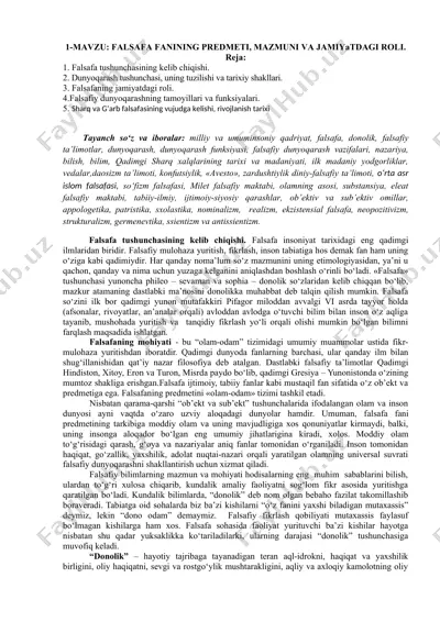 falsafa fanining predmeti, mazmuni va jamiyatdagi roli — DOC