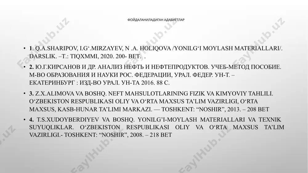 ril dvigatellar uchun) 0.09-1.15 dizel yonilg’isi (tezyurar dizellar uchun) 1.20-1.60 motor yonilg’isi (sekinyurar dizellar uchun) 1.50-1.70 qattiq 1.50-2.00 changsimon 1.10-1.20 gazsimon (siqilgan,suyultirilgan gazlar) 1.05-1.15 qishloq xo‘jalagida birlamchi energiya manbai sifatida suyuq, gazsimon va qattiq yoqilg‘ilar ishlatiladi. issiqlik energiyasi eng ko‘p tarqalgan va qo‘llaniladigan energiya hisoblanadi. bu energiya yoqilg‘ini yoqish hisobiga olinadi. issiqlik energiyasi xonani isitadi, donni quritadi va x.k. mexanik energiya issiqlik energiyasidan olinib, bug‘ mashinalari yoki ichki yonuv dvigitellari (iyod) da qo‘llaniladi. mexanik energiya yordamida har-xil texnologik jarayonlar amalga oshiriladi. маълумки ҳозирги даврда жамиятнинг ривожланиши энергия сарфининг ортиб бориши билан боғлиқ. ҳозирги замонда ишлаб чиқарилаётган маҳсулотлар таннархининг катта қисмини ёнилғига бўлган сарф ташкил қилади. илгари замонларда ёқилғи сифатида асосан ўтин ва кўмир ишлатилган эди. ҳозирга келиб ривожланган мамлакатларда шу жумладан, республикамизда ёнилғилар жаҳон талаблари даражасидаги ёнилғилардир. булар: нефт ва унинг конденсатрлари; табиий газ; бензин; дизел ёнилғилари в.б. ёқилғилар агрегат ҳолати бўйича суюқ қаттиқ газсимон qishloq xo‘jalagida birlamchi energiya manbai …