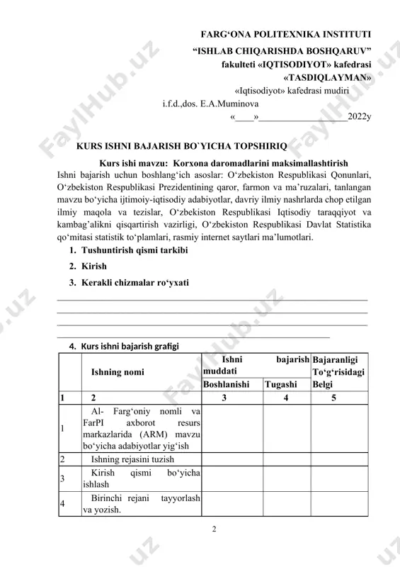 ilgan sana: “____”_________________2022 yil tugallangan kurs ishni topshirish sanasi: “____”_______________2022 yil kurs ishi rahbari: _____________________________________________ (imzo) topshiriqni oldim: ________________________________________ (imzo) “______”______________2022 y kafedra mudiri ______________ iq.fan.nom. muminova e. taqriz “ishlab chiqarishda boshqaruv” fakulteti s 37 19 i guruh talabasi isroilov elmurodning kurs ishi mavzusi korxona daromadlarini maksimallashtirish kurs ishi mazmuni______________________________________________ ____________________________________________________________________________________________________________________________________________________________________________________________________________________________________________________ kurs ishining ijobiy tomonlari ____________________________________ _______________________________________________________________________________________________________________________________________________________________________________________ kurs ishining salbiy tomonlari ____________________________________ _______________________________________________________________________________________________________________________________________________________________________________________ tushuntirilishi__________________________________________________ _____________________________________________________________ __________________________________________________________________________________________________________________________ xulosa _________________________________________________________ ____________________________________________________________________________________________________________________________________ taqrizchi : ____________________________________________ (familiyasi, ismi, lavozimi, imzo) mundarija: № kirish 1 tadbirkorlik faoliyatinig asoslari 2 tadbirkorlikning tashkiliy shakllari 3 ishlab chiqarish xarajatlari va ularning turlari 4 ishlab