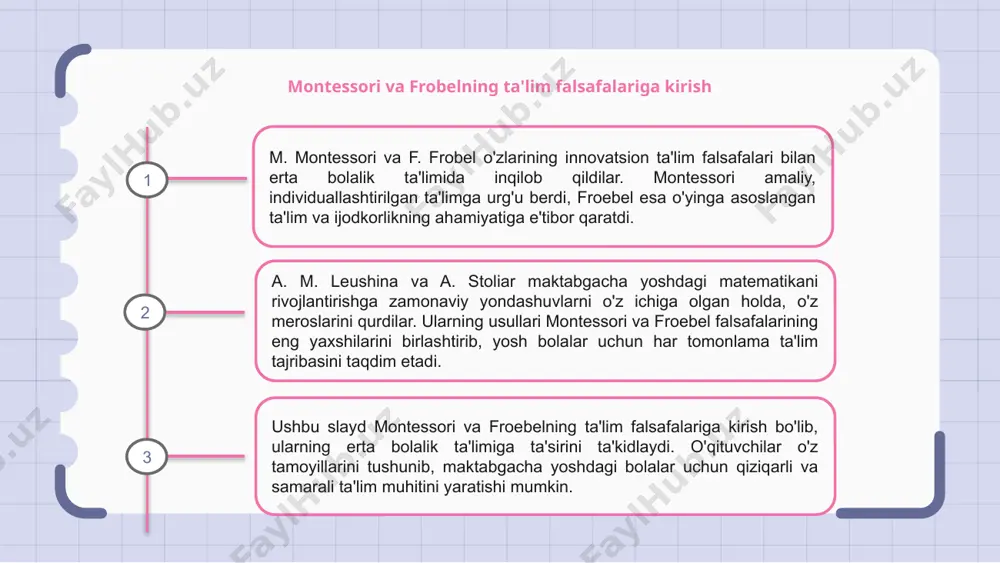 atilgan. montessori va froebel ikkalasi ham hissiy tajribalarning muhimligini ta'kidlaydilar va erta matematik rivojlanishda o'ynaydilar, ammo ularning usullari ishlatilgan struktura va materiallar jihatidan farq qiladi. montessori usuli maxsus matematik materiallar yordamida mustaqil o'rganishni o'z ichiga olgan bo'lsa, froebelning yondashuvi ijodkorlik va ijtimoiy o'zaro ta'sirni rag'batlantiradigan tizimli faoliyatni o'z ichiga oladi. maktabgacha ta'lim muassasalarida leushina va stoliarning matematika usullarini qo'llash bo'yicha amaliy tadqiqotlar maktabgacha yoshdagi matematikani rivojlantirishga zamonaviy yondashuvga qaratilgan m. montessori, f. frebel, a. m. leushina va a. stoliarning amaliy tadqiqotlari maktabgacha ta'lim muassasalarida matematika usullarini muvaffaqiyatli amalga oshirishni namoyish etadi. leushina va stoliar usullari yosh bolalarda matematika ko‘nikmalarini rivojlantirishda samarali ekanligi isbotlangan, bu esa kelajakda o‘qish va rivojlanish uchun mustahkam zamin yaratadi. innovatsion strategiyalar va amaliy mashg'ulotlarni birlashtirgan holda, maktabgacha ta'lim muassasalari matematik tushunchalarning o'sishi va tushunishini qo'llab-quvvatlaydigan qiziqarli va interaktiv ta'lim tajribalarini yaratishi mumkin. 1 2 3 montessori va froebelning matematik usullarini integratsiyalashdagi muammolar va echimlar m. montessori …