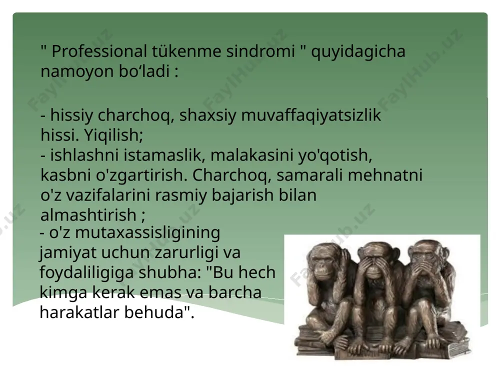 sizlik darajasi past bo'lgan, kasbiy ta'lim va tizimli tayyorgarlikning etishmasligi, nazorat uchrashuvlarida qatnasha olmaydigan odamlarga ta'sir qiladi. baleologik guruhlar. yoshlik, bu sohadagi amaliy ishlarning hayotiy tajribasi yo'qligi. kuyish sindromi kasallik, kasallikdan keyin zaiflik , og'ir stressni boshdan kechirish, psixologik travma (ajralish, yaqin kishining yoki bemorning, mijozning o'limi) sabab bo'lishi mumkin . axloq kodeksiga ko'ra, psixoterapevtlar, psixologlar va maslahatchilar travmadan olti oy o'tgach ish boshlashlari mumkin. pwsni engish usullari quyidagilarni o'z ichiga oladi: psixologlarga psixologik yordam texnologiyasi . eng avvalo, kasb tanlash motivlari va tanlangan kasbning shaxsiy ahamiyatiga oydinlik kiritiladi. ppvga duchor bo'lgan shaxslar uchun aloqaning tegishli darajasini tiklash yoki yaratish. bu charchashning asosiy sababini - shaxslararo munosabatlardagi aloqa komponentlarini buzishni yo'q qilish orqali sindromni zaiflashtirishni o'z ichiga oladi. profilaktika dasturlari odatda uchta faoliyatni o'z ichiga oladi: axborot, hissiy qo'llab-quvvatlash va psixologik kasbning ahamiyatini oshirish: samaradorlik va salomatlikni saqlash uchun ommaviy usullardan foydalangan holda o'z-o'ziga qanday yordam berish haqida ma'lumot . …