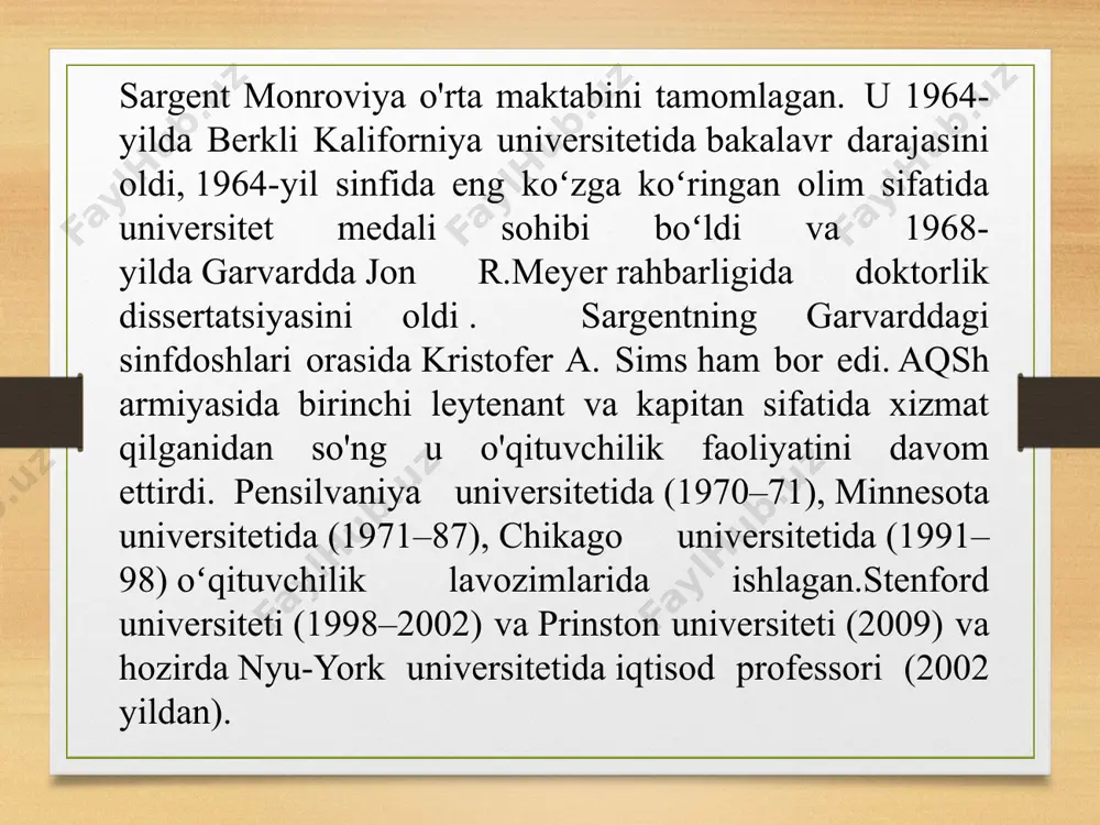 br , vashington ) - amerikalik iqtisodchi , makroiqtisodiyot sohasidagi mutaxassis. nobel mukofoti laureati (2011). falsafa fanlari doktori (1968), prinston professori , aqsh milliy fanlar akademiyasi (1989) [ va amerika falsafa jamiyati (2012) aʼzosi . garvard universitetida bakalavr (1963, matematika) va fan nomzodi (1968, iqtisod) . garvard (1967-1970), minnesota universiteti (1970-1990, 1974 yildan professor), yel universiteti (1990-1999) va prinston universitetida (1999 yildan; nomidagi professor (harold x. xelm 20 yil professori) iqtisod va professor) ishlagan. bank ishi). ekonometrik jamiyat prezidenti (1995). amerika iqtisodiy assotsiatsiyasi prezidenti ( 2012) . amerika san'at va fanlar akademiyasining a'zosi (1988). 2011 yil iqtisodiyot bo'yicha nobel mukofoti tomas jon sargent bilan "makroiqtisodiyotda sabab va ta'sirni empirik o'rganish uchun 2011-yil uchun nobel mukofoti bilan taqdirlangan kristofer simsning tadqiqotlari iqtisodiy muammolarni hal qilishga yordam beradi. u va yana bir olim makroiqtisodiyotdagi sabab-natija munosabatlari bo'yicha tadqiqot uchun mukofot oldi. matbuot anjumanida uning usullari zamonaviy iqtisodiy muammolarni hal qilishda qo'llanilishi mumkinmi …
