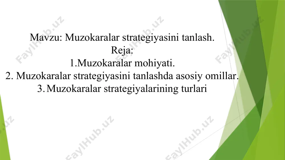 ya uzoq muddatli hamkorlik va ijobiy natijalarga olib keladi. "win-lose" strategiyasi: bunda bir tomon g'alaba qozonadi, ikkinchi tomon esa mag'lub bo'ladi. bu strategiya qisqa muddatda samara berishi mumkin, ammo uzoq muddatda salbiy oqibatlarga olib kelishi mumkin. "lose-lose" strategiyasi: ikkala tomon ham zarar ko'radi, hech biri maqsadlariga erishmaydi. bunday strategiya muvaffaqiyatsiz muzokaralarning natijasidir. "compromise" strategiyasi: bu strategiyada tomonlar bir-birini qisman qanoatlantirishga harakat qiladi. har ikkala tomon ham o'z manfaatlarini qisman yo'qotadi, lekin o'rtacha natijaga erishishga intiladi. muzokaralar strategiyasini tanlash jarayoni birinchi bosqich: tayyorlanish: muzokara boshlanishidan oldin tomonlar o'z maqsadlarini, resurslarini va imkoniyatlarini tahlil qilishi kerak. tayyorlanish jarayonida strategiya tanlashda kelajakdagi aloqalar, uzoq muddatli maqsadlar va resurslar hisobga olinadi. ikkinchi bosqich: muzokara boshlanishi: muzokaralar boshlanishidan oldin tomonlar o'zlarini qanday usullar bilan taqdim etishlarini, o'zaro munosabatlar qanday bo'lishini o'ylab ko'rishlari kerak. bu bosqichda strategiyaning umumiy chizmasi yaratiladi. uchinchi bosqich: qarorlar qabul qilish: muzokaralar davomida tomonlar qarorlar qabul qilishda qanday yo'nalishlarni tanlashlari, qanday prinsiplar …