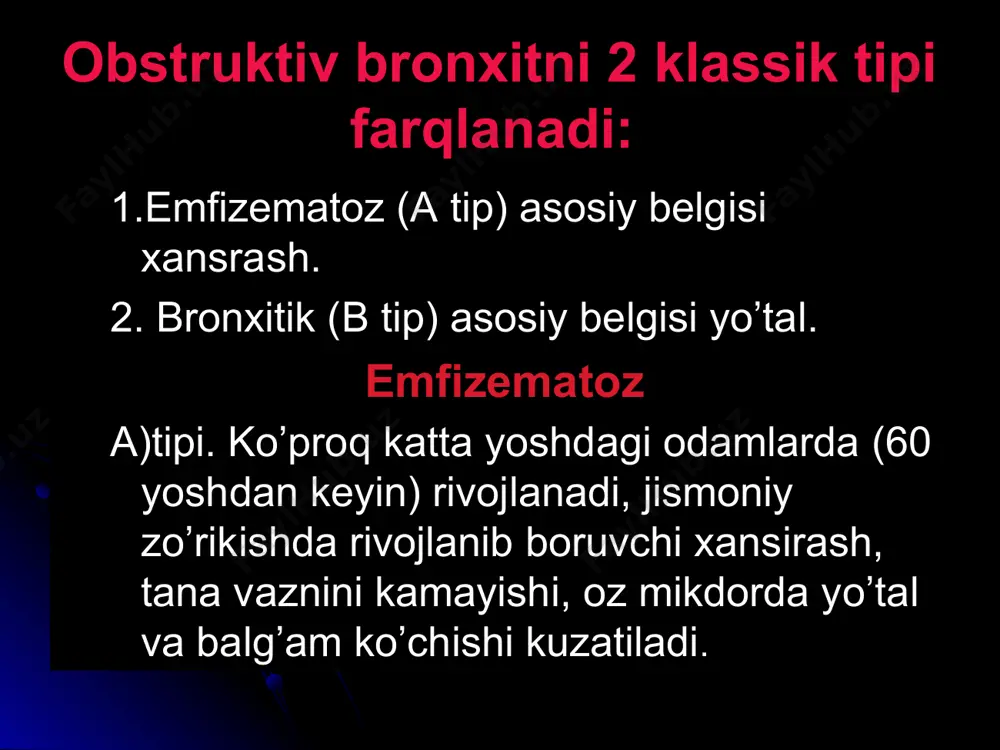 g o’ng bo’limlarini gipertrofiyasi va dilyatatsiyasi bilan kechadigan og’ir patologik xolat. sabablari: o’pka yurakning rivojlanishiga olib keladigan barcha kasalliklar uch guruxga bo’linadi 1-guruxga: bronx o’pka sistemasini bevosita zararlantiradigan barcha kasalliklar surunkali bronxit, bronxoektaziya, tuberkulyoz tufayli kelib chiqqan o’pka fibrozi, pnevmokonioz, sarkoidoz, mukovistsidoz va boshqalar kiradi. 2–guruxga: ko’krak qafasi xarakatining o’zgarishi natijasida o’pka xavo almashishining buzilishiga olib keladigan kasalliklar. kivoskolioz, skolioz, lordoz, ko’krak qafasining deformatsiyalari, plevra fibrozi, idiopatik alveolar gipoventilyatsiya, pikvik sindromi va boshqalar kiradi. 3-guruxga: o’pka tomirlarini birlamchi zararlantiradigan kasalliklar, birlamchi o’pka gipertenziyasi, tugunchali periarterit va vaskulit, birlamchi o’pka trombozi va boshqalar kiradi kechishi bo’yicha o’tkir o’pka-yuragi- sanoqli daqiqalarda, soatlarda yoki bir necha kunlarda rivojlanadi. o’tkir osti o’pka-yuragi- xafta yoki bir necha oylar mobaynida rivojlanadi surunkali o’pka-yuragi- bir necha yillar davomida rivojlanadi o’pka yurakning rivojlanish mexanizmi nafas etishmovchiligining rivojlanish mexanizmi bilan bog’likdir. o’pka kasalliklardan nafas etishmovchiligi asosida o’pka ventilyatsiyasining obstruktiv, restriktiv va aralash buzilishlari yotadi. o’pka elastiligining va bronx yo’llari …
