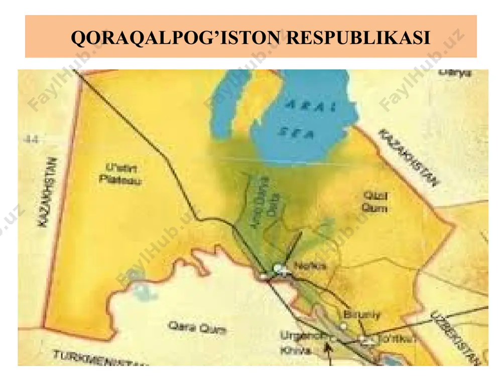 at bayrog‘i bayroqtagi endi tug’ilgan oy musulmonlarnning muhaddas timsoli bo’lsa, besh yulduzning rasmi qoraqalpog’istonining qadimiy va navquron besh shahrining – qoraqalpog’istonlilarning turmush va ishonch qo’rg’onlarining timsoli hisoblanadi. qoraqalpog’iston respublikasining fuqarolari va bu yerda yashaydigan boshqa insonlar qoraqalpog’iston respublikasining davlat bayrog’ini hurmat qilishi shart. qoraqalpogʻiston tabiati qoraqalpogʻiston qizilqum choʻlining shimoli-gʻarbiy, ustyurt platosining janubi-sharqiy qismi va amudaryo deltasida joylashgan. orol dengizining janubiy qismi qoraqalpogʻiston hududida. qizilqumning shimoli-gʻarbiy qismi orol dengizi tomon pasayib boruvchi keng yassi tekislik boʻlib, qator tepa va qumli barxanlar (balandligi 75 m dan 100 m gacha) uchraydi. alohida togʻ massivlari (eng, yirigi – sulton uvays togʻi, choʻqqilari 473 m va 485 m) bor. sugʻoriladigan yerlar va sugʻorish kanallari, asosan, deltaning oʻng sohilida. qoraqalpogʻiston tabiati foydali qazilmalardan osh tuzi va glauber tuzi, mineral xom ashyo hamda qurilish materiallari va boshqalar bor. iqlimi keskin kontinental, yozi quruq va qishi nisbatan sovuq, qor kam yogʻadi. eng yirik daryosi–amudaryo (quyi oqimi). amudaryo havzasi …