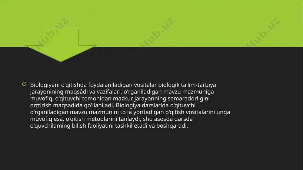 iologiya o'qitishda foydalanish tirik tabiatdagi voqea, hodisalami sinfda o'rganish sifatini bir necha marta oshirish imkonini beradi. o'qitish jarayonida komp’yuterlarni qo'llash o'quv materialini mustaqil o'zlashtirish va nazorat qilish imkonini tug’diradi. ko'rgazmali vositalardan biologiya o'qitishning barcha jarayonlarida, masalan, yangi o'quv materialini tushuntirish, mustahkamlash, tushunchalami shakllantirish, o'quv, amaliy, mehnat ko'nikma va malakalami tarkib toptirish, uy vazifasini bajarish, o'quv materialini nazorat qilishda qo'llaniladi. biologiyani o'qitishda vositalardan foydalanilanishning o'rni beqiyos. masalati, vositalardan biri mikroskop kashf etilmaganda hayotiy jarayonlamining moddiy asosi bo'lgan, tirik organizmlaming tuzilish, qurilish va funktsional birligi bo'lgan hujayraning tuzilishini o'rganish qiyinchilik bilan kechardi. tajribalar o'quvchilami bilim, ko'nikma va malakalami ongli o'zlashtirishlari barobarida ijodiy fikr yuritish, tajriba qo'yish va kuzatish konikmalarini rivojlantirishga zamin tayyorlaydi. xulosa qilib aytganda biologiyani o’qitishda foydalaniladigan vositalar fan- texnika rivojiga bog’liq holda yangilanib boradi. o'qitishning asosiy shakli bo'lgan - dars, ulami bog’lovchi vazifasini bajaradi va o'qitishdayetakchi o’rinni egallaydi. dars, ekskursiyalar, uy ishlari, darsdan tashqari ishlar va sinfdan tashqari mashg’ulotlar birgalikda …