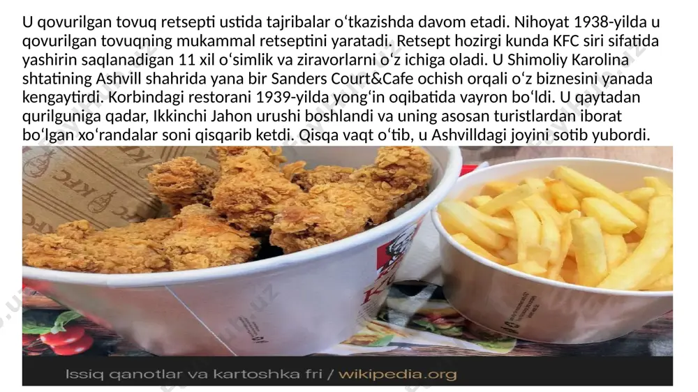 rategik yo'nalishlari. global kengayish: kfc, o'zining xalqaro bozorlardagi mavjudligini kengaytirishga intiladi. mahalliylashtirish: kfc har bir bozorda mijozlarning mahalliy ta'm preferenceslariga moslashuvchanligini ta'minlash maqsadida menyu elementlarini mahalliy ta'mlarga moslashtiradi. innovatsiya va yangilash: kfc texnologiya va mahsulot takliflarida yangiliklarni joriy etishga katta e'tibor beradi. brend va marketing: kfc o'z brendini mustahkamlash uchun kuchli marketing kampaniyalarini olib boradi. barqarorlik va ijtimoiy mas'uliyat: kfc oziq-ovqat xavfsizligi, atrof-muhitni muhofaza qilish va barqarorlikni ta'minlashga intiladi. kfc kompaniyasining moliyaviy holati. kfc o'zining global bozorlardagi kengayishi va yangi bozorlarga kirib borishi bilan daromadlarini oshirishda davom etmoqda. kfcning mahsulotlari, ayniqsa, rivojlanayotgan bozorlarda, masalan, xitoy va hindistonda, katta talabga ega. kfc tez o'sib borayotgan bozorlarda, masalan osiyo va afrikada, franchayzing va yangi restoranlar ochish orqali o'z mavqeini mustahkamlamoqda. xulosa meni bu kompaniyadan olgan hulosam shu bo’ldiki inson harakatdan to’xtab qolmasligi va yo’qchilikda tushkunlikga tushib qolmasligi agar nasib qilsa juda ham katta marralarni zabt etishga qodirligini yaqqol ko’rdim.kfc kompaniyasi hozirda dunyoning …