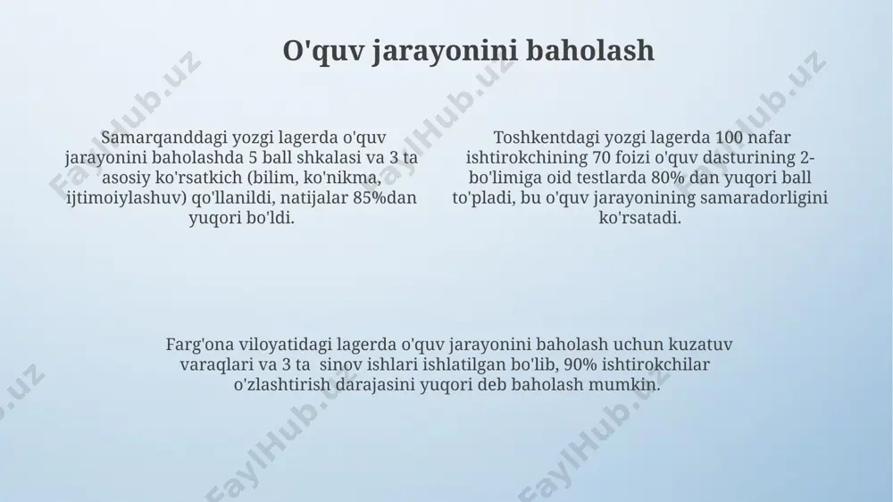 qali, 10 ta turli yosh guruhlari uchun individual yondashuv asosida 7 kunlik dasturlarni shakllantirish mumkin. o‘zbekistonning turli hududlaridan kelgan 200 dan ortiq oila bilan onlayn platformalar orqali muntazam aloqa o‘rnatish va ularning fikr-mulohazalarini hisobga olib, 3 ta yangi pedagogik dasturlarni ishlab chiqish maqsadga muvofiqdir. yakuniy xulosalar va tavsiyalar pedagogik faoliyatni tashkil qilishda, toshkentdagi 10 ta lager tajribasidan kelib chiqib, bolalarning yosh xususiyatlarini hisobga olgan holda, kamida 4 xil turdagi o'yinlar va faoliyat turlarini qo'llash tavsiya etiladi. samarqanddagi 5 ta yozgi lagerda o'tkazilgan tadqiqotlar shuni ko'rsatdiki, o'quv faoliyatini 20% ga oshirish uchun interaktiv o'yinlardan foydalanish va 30 nafar bolani jalb qilish samarali. farg'ona viloyatidagi 15 ta yozgi lagerda amalga oshirilgan kuzatuvlar shuni ko'rsatdiki, ijodiy loyihalar va guruhdagi ishlarni (5-7 kishilik guruhlar) qo'llash orqali bolalarning bilim darajasini 15% ga oshirish mumkin. pedagogik uslublarni tanlash o'quv jarayonini qiziqarli va samarali qilish uchun, 3 ta turli pedagogik uslubni (masalan, loyiha uslubi, hamkorlik uslubi va …