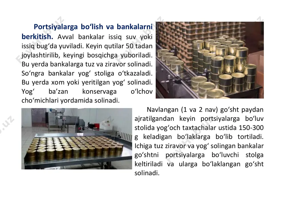 2 yilgacha bo‘lishi mumkin. sovutish omborlarida konservalar 12 oy saqlanishi mumkin. bunda havo harorati 0-2°s, havo namligi 75-80% bo‘lib, har sutkada havo ikki marta almashtiriladi. agar muzlagan bankalar bo‘lsa, ularni 15 da 24 soat davomida eritish mumkin. konservalarni organoleptik tekshirish - ishlarini olib borish talab etiladi. bunda, birinchi galda konserva bankalarining shakliga tashqaridan nazar tashlanadi. ularni zanglagan yoki zanglamaganligi tekshiriladi. hamda pachoq joylari, banka qopqog‘ining yoki qavariq bo‘lganligi holatiga e’tibor beriladi. ayrim hollarda konserva bankasining qopqog‘i bir oz chuqur bo‘lishi mumkin, lekin barmoq bosganida u o‘z holatini oladi. bunday holat ba’zan sifatli konservalarda ham uchrashi mumkin. lekin konserva bankasi qopqog‘ining juda ko‘p qavarishi banka ichidagi mahsulotning buzilishiga bog‘liq bo‘lib, turli xil gazlar hosil bo‘lishi natijasida kelib chiqadi, bunda ham banka otib yuboradi. bu holat yuz berganda mahsulot sifati pastligi aniqlaniladi. konserva sifatining buzilishi - bir qancha sabablar natijasida yuz berishi mumkin. masalan, konserva bankasida qavariq paydo bo‘lishiga konserva ichida qolgan …