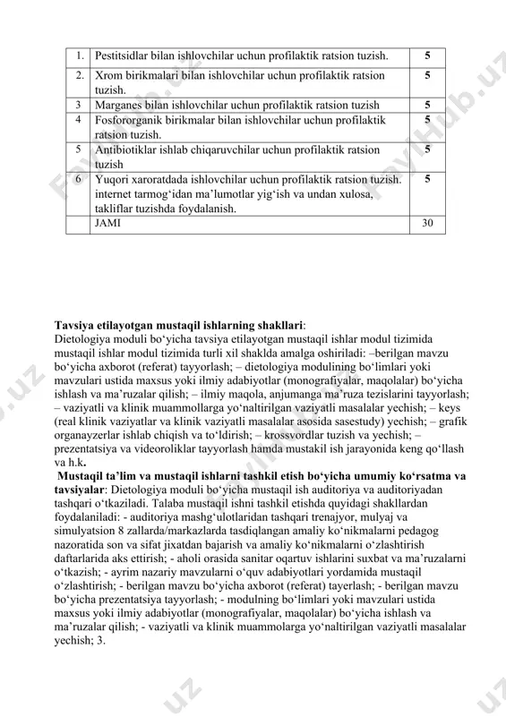 viy tushunchalar; sog‘lom turmush tarzi yo‘nalishlari rivojlanishining qisqacha tarixini, sog‘lom turmush tarzi yo‘nalishlari bilan kasalliklarni davolashdagi asoratlar va ularning oldini olish to‘g‘risida malumotlarni; davolash amaliyotida sog‘lom turmush tarzi yo‘nalishlari usullarini qo‘llash, ularni tibbiyotda tutgan o‘rnini, ularga ko‘rsatma va qarshi ko‘rsatmalarni bilishi va ulardan foydalana olishi; (ko‘nikma) sog‘lom turmush tarzini profilaktik usullarida qo‘llash; sog‘lom turmush tarzidagi mavjud bo‘lgan yo‘nalishlarini aniqlash va inson tanasi uchun uning axamiyatini bilish; axoli bilan kelgusida ishlashda sog‘lom turmush tarzini targ‘ib qilishni; antropometrik ko‘rsatkichlarni uslubiy jixatdan to‘g‘ri o‘lchashni o‘tkazish; organizm tizimlarini turli xil morfo-funksional xolati uslublarini to‘g‘ri o‘tkazish amaliy ko‘nikmalariga ega bo‘lishi kerak. (malaka) 9 5-semestr: talaba biladi: sog‘liqni saqlash sohasida davlat siyosati va uning amalga oshirilishida barcha boshqaruv organlarining mas’uliyati haqida; o‘zr tibbiyot sohasining rivojlanish strategiyasi va boshqaruv tuzilmasi (konsepsiya, tamoyillar, asosiy yo‘nalishlari) haqida; sog‘liqni saqlash tizimi va ularda olib borilayotgan islohotlar haqida; sog‘liqni saqlashni rivojlantirishning asosiy siyosiy tamoyillari, standartlari, istiqbollari to‘g‘risida; tibbiyotning zamonaviy muammolari va …