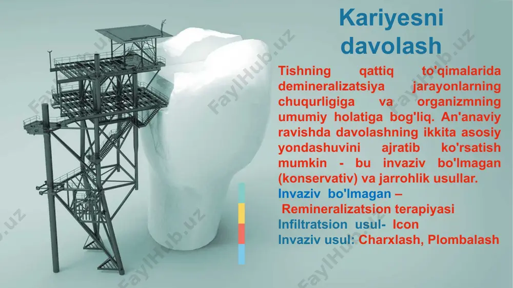 larni yo’qotishdir medikamentoznaya obrabotka 07 etapi plombirovaniya. nalojenie izoliruyushey prokladki. plombirovanie 08 vibor metoda i preparata dlya obezbolivaniya zavisit ot konkretnoy klinicheskoy situatsii, diagnoza, individualnogo poroga vospriyatiya boli, nalichiya u patsienta allergiy ili obshix zabolevaniy. obezbolivanie pri lechenii kariesa mogut ispolzovatsya sleduyushie vidi anesteziy: primenyaetsya pri lechenii nijnix bokovix zubov. preparat vvoditsya na glubinu do chetiryox santimetrov, v oblast, gde proxodit odin iz krupnix nervov. provodnikovaya. anestetik vvodyat v desnu igloy iz spetsialnogo (karpulnogo) shpritsa, negluboko. onemenie rasprostranyaetsya na 2—3 zuba i obichno derjitsya okolo chasa. naibolee effektivno v oblasti verxney chelyusti. infiltratsionnaya. narkoz-primenyaetsya v redkix sluchayax v detskoy stomatologii i pri psixicheskix rasstroystvax obshaya na slizistuyu nanosyat obezbolivayushiy gel. cherez neskolko minut proisxodit onemenie nebolshogo uchastka desni. primenyaetsya, esli nujno obezbolit mesto ukola. applikatsionnaya. v zavisimosti ot texnologii provedeniya, sposoba vozdeystviya na tkani i dlitelnosti effekta razlichayut neskolko vidov mestnoy anestezii. rassmotrim ix bolee podrobno: applikatsionnaya drugie nazvaniya – …