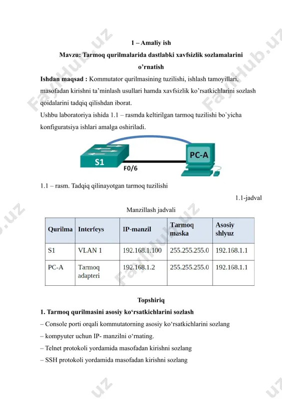 vty 0 4 orzimurod(config-line)#password 123 orzimurod(config-line)#login orzimurod(config-line)#exit orzimurod(config)#enable password 456 orzimurod(config)#exit 4. ssh protokoli yordamida masofadan kirishni sozlash. orzimurod > enable orzimurod# configure terminal orzimurod(config)# ip domain-name orzimurod.local orzimurod(config)# crypto key generate rsa orzimurod(config)# username orzimurod password 1234 orzimurod(config)# line vty 0 4 orzimurod(config-line)# transport input ssh orzimurod(config-line)# login local orzimurod(config-line)# exit orzimurod(config)# exit 2-topshiriq. tarmoq bog‘lanishni tekshiring 2.1. qurilmaning konfiguratsiyasini ko‘rsatish 2.2. telnet yordamida uzoqdan boshqarishni testlash image5.png image6.png image7.png image8.png image9.png image1.emf image2.png image3.png image4.png