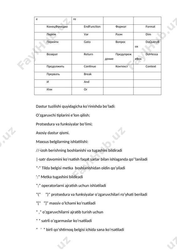 adi “ ’ “ birli qo’shtirnoq belgisi ichida sana ko’rsatiladi “ . “ sonning kasr qismini ajratish uchun “ +” qo’shish “ – “ ayirish “ * “ ko’paytirish “ / “ bo’lish “ > “ katta “ = “ katta yoki teng “ ” teng emasni bildiradi dasturda protsedura ishlatish masalan: перем глоб; // protseduraning yozilishi процедура мояпроцедура(пар1, пар2, пар3) экспорт глоб=глоб+пар1+пар2+пар3; возврат; конецпроцедуры глоб=123; мояпроцедура(5,6,7); // вызов процедуры funksiyalar bilan ishlash masalan: перем глоб; // funksiyaning yozilishi функция мояфункция(парам1, парам2, парам3) экспорт лок=глоб+парам1+парам2+парам3; возврат лок; конецфункции глоб=123; рез=мояфункция(5,6,7); // вызов функции qiymat berish uchun masalan: перем глоб; // funksiyaning yozilishi функция мояфункция(знач пар1, пар2,пар3) экспорт лок=глоб+пар1+пар2+пар3; пар1=40; возврат лок; конецфункции глоб=123; а=10; рез=мояфункция(а,6,7); // вызов функции natija 146 va a = 10 funksiya ichida пар1 =40 bo’lganiga qaramasdan. savol va topshiriqlar 1. 1c buxgalteriya dasturi haqida ma’lumot bering 2. dasturda o’zgaruvchilarning nomlanishini tushuntirib bering 3. zahiraga olingan nomlar …