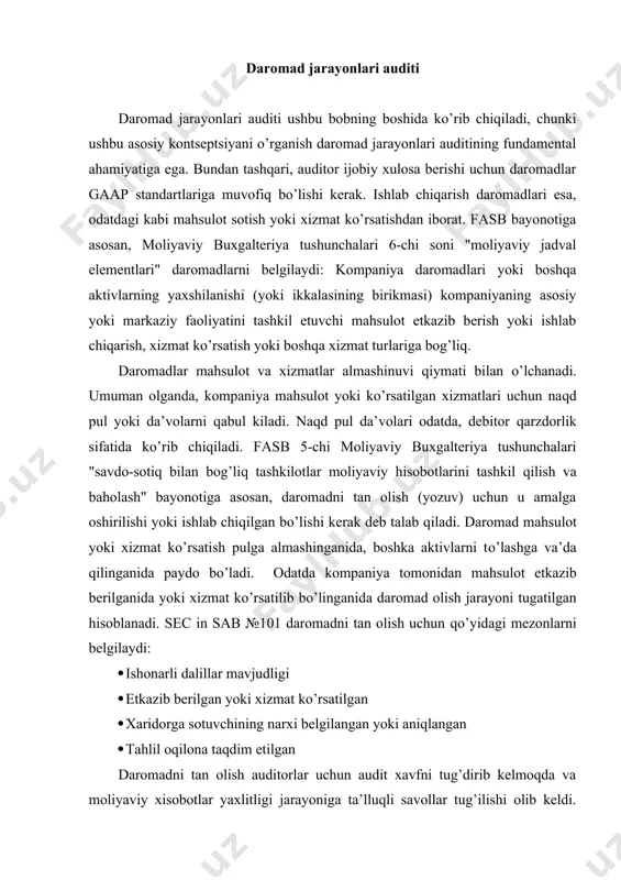 ishlab chiqilgan bo’lishi kerak deb talab qiladi. daromad mahsulot yoki xizmat ko’rsatish pulga almashinganida, boshka aktivlarni to’lashga va’da qilinganida paydo bo’ladi. odatda kompaniya tomonidan mahsulot etkazib berilganida yoki xizmat ko’rsatilib bo’linganida daromad olish jarayoni tugatilgan hisoblanadi. sec in sab №101 daromadni tan olish uchun qo’yidagi mezonlarni belgilaydi: · ishonarli dalillar mavjudligi · etkazib berilgan yoki xizmat ko’rsatilgan · xaridorga sotuvchining narxi belgilangan yoki aniqlangan · tahlil oqilona taqdim etilgan daromadni tan olish auditorlar uchun audit xavfni tug’dirib kelmoqda va moliyaviy xisobotlar yaxlitligi jarayoniga ta’lluqli savollar tug’ilishi olib keldi. aslida, firibgarlik sharoitlarida audit standarti firibgarlik ta’sirlar tufayli daromadni tan olish xato ekanligini faraz qilishi kerak deb ta’kidlaydi. (au 316.41). o’g’irliklarni tekshirish bo’yicha dimlomga ega mutaxassislar assotsiyasi ma’lumotlariga ko’ra, moliyaviy hisobotlarda firibgarlik sodir etishning sakkiz xil umumiy usullari mavjud. 1. erta daromadni tan olish; 2. o’tgan hisobot davrida kitobni ochiq tutish; 3. soxta savdo; 4. qayd qilingan yozuvlarni qaytarishni ilojsizligi; 5. foiz …