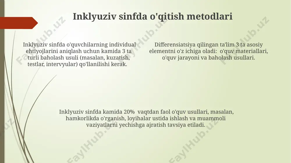 'rsatkichlar bilan ifodalanishi va ularning har biri uchun konkret vazifalar belgilashi lozim. individual ta'lim rejasini ishlab chiqishda o'quvchining kuchli va zaif tomonlarini aniqlash uchun kamida 3 ta baholash usuli qo‘llanilishi kerak, masalan, kuzatish, testlar va portfel baholari. o'quv muhitini moslashtirish inklyuziv sinf xonalarida, o'quv materiallarining kamida 30% ga yaqini turli xil o'quv uslublariga va imkoniyatlariga moslashtirilishi kerak, shu jumladan vizual, audio va kinestetik vositalarni qo'llash. o'quv muhitini moslashtirish, 5-10% o'quvchilarning individual ehtiyojlariga moslashtirilgan maxsus dasturlarni qo'llashni o'z ichiga oladi, bu esa ularning o'quv jarayoniga to'liq integratsiyalashuviga yordam beradi. o'quv muhitini moslashtirish, kamida 2 ta turli xil o'rganish strategiyalarini taqdim etish orqali, turli kognitiv qobiliyatlarga ega bo'lgan 15-20 nafar o'quvchini birlashtirishni maqsad qiladi. kelajakdagi istiqbollar kelajakdagi istiqbollar o'qituvchilarni inklyuziv pedagogika bo'yicha muntazam ravishda o'qitish va malaka oshirishni, shuningdek, kamida 50% maxsus ehtiyojli bolalar uchun qo'llab-quvvatlash xizmatlarining mavjudligini o'z ichiga oladi. texnologiyalar, masalan, ai va vr, individual o'rganish ehtiyojlarini qondiradigan moslashuvchan ta'lim …